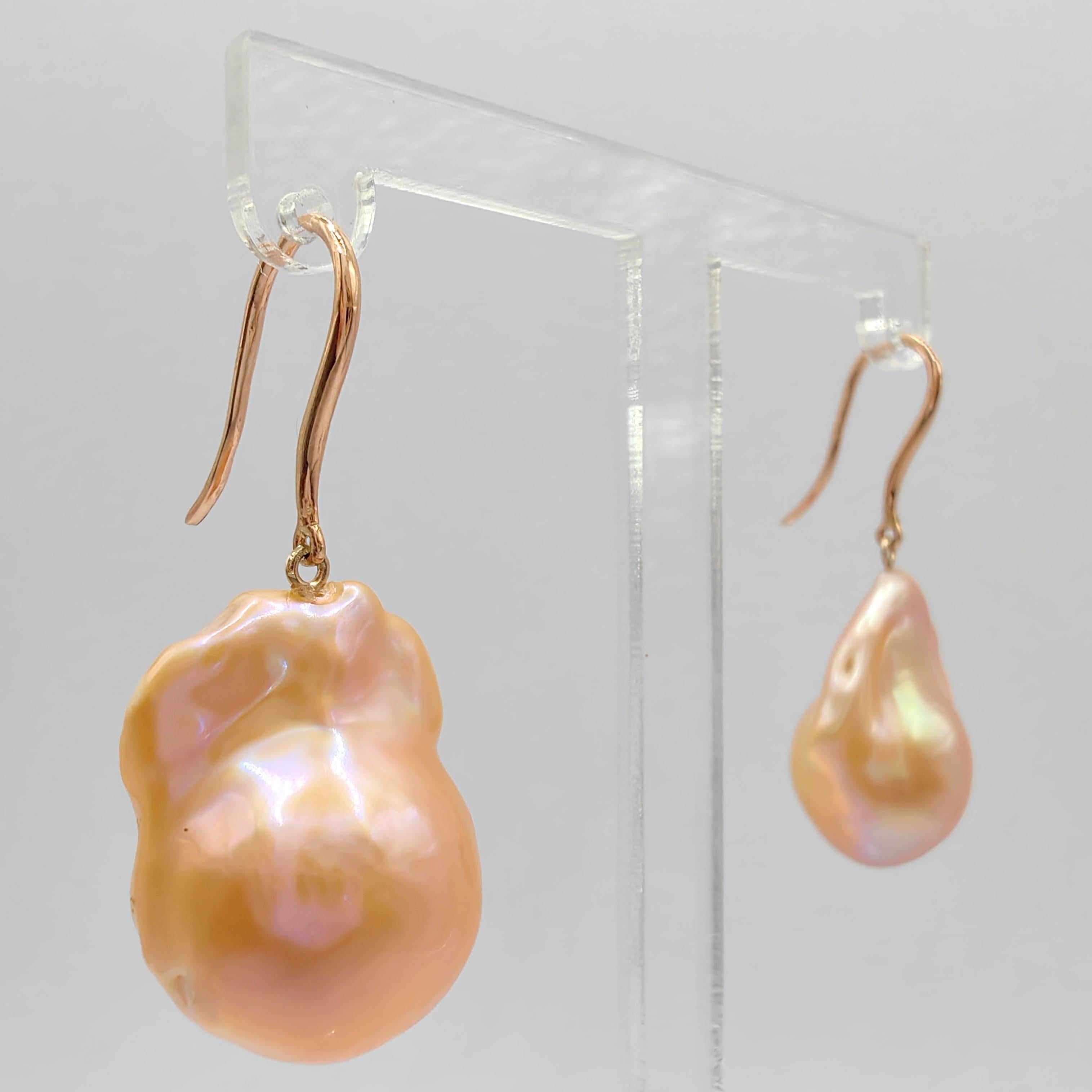 Uncut Unicorn Hue Golden Baroque Pearl Drop Earrings With 18K Rose Gold French Hooks For Sale