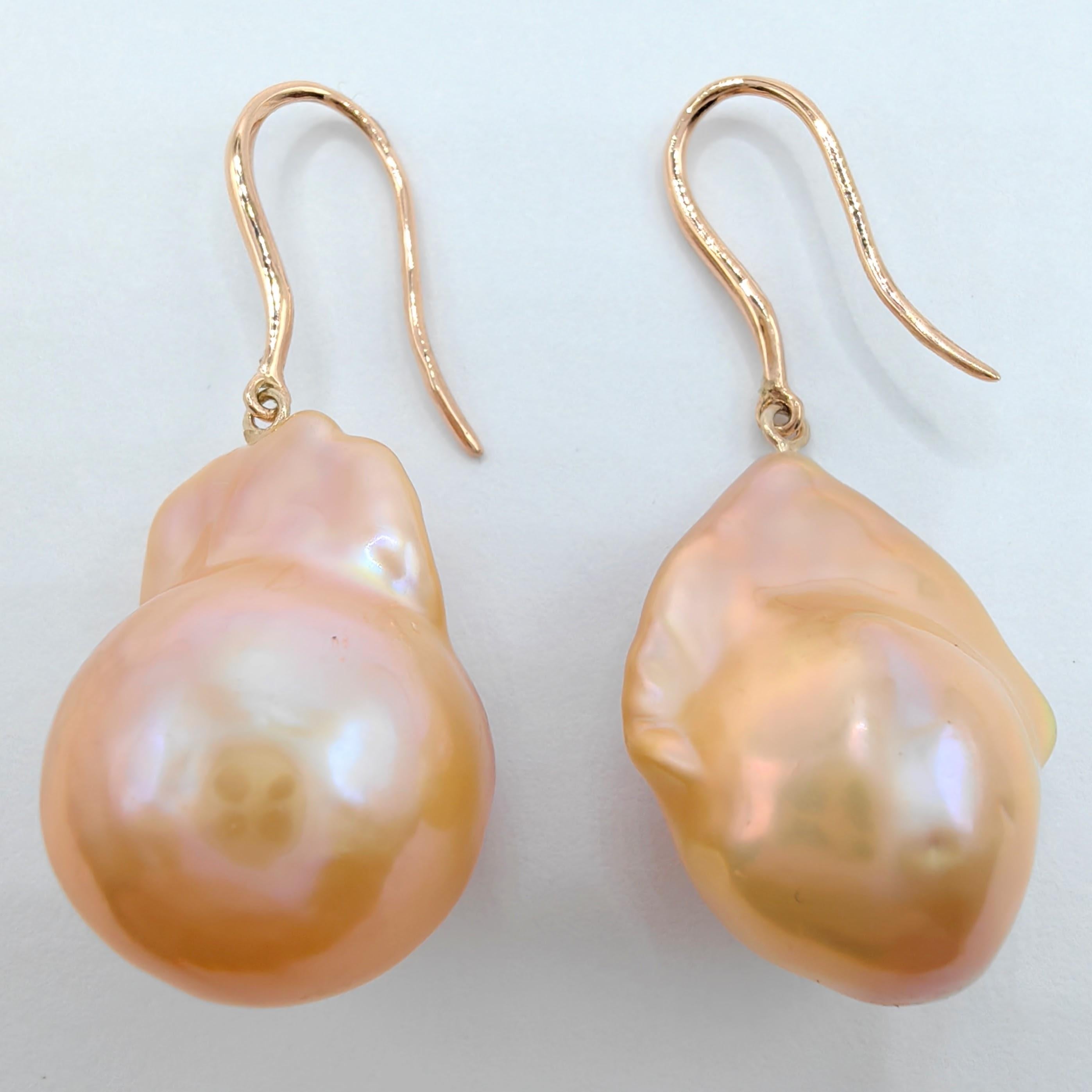 Women's Unicorn Hue Golden Baroque Pearl Drop Earrings With 18K Rose Gold French Hooks For Sale
