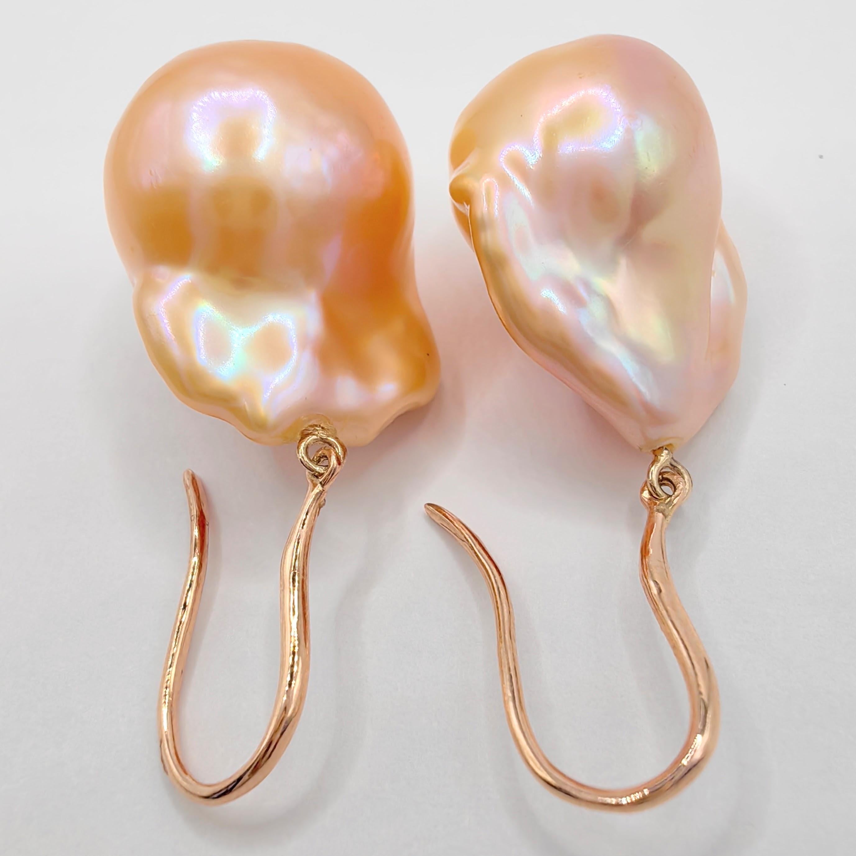 Unicorn Hue Golden Baroque Pearl Drop Earrings With 18K Rose Gold French Hooks For Sale 1