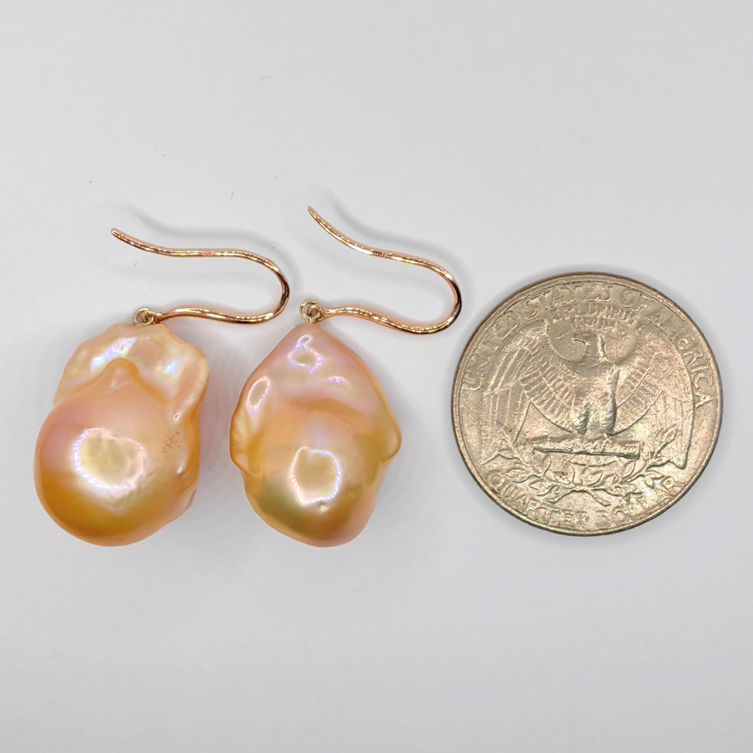 Unicorn Hue Golden Baroque Pearl Drop Earrings With 18K Rose Gold French Hooks For Sale 3