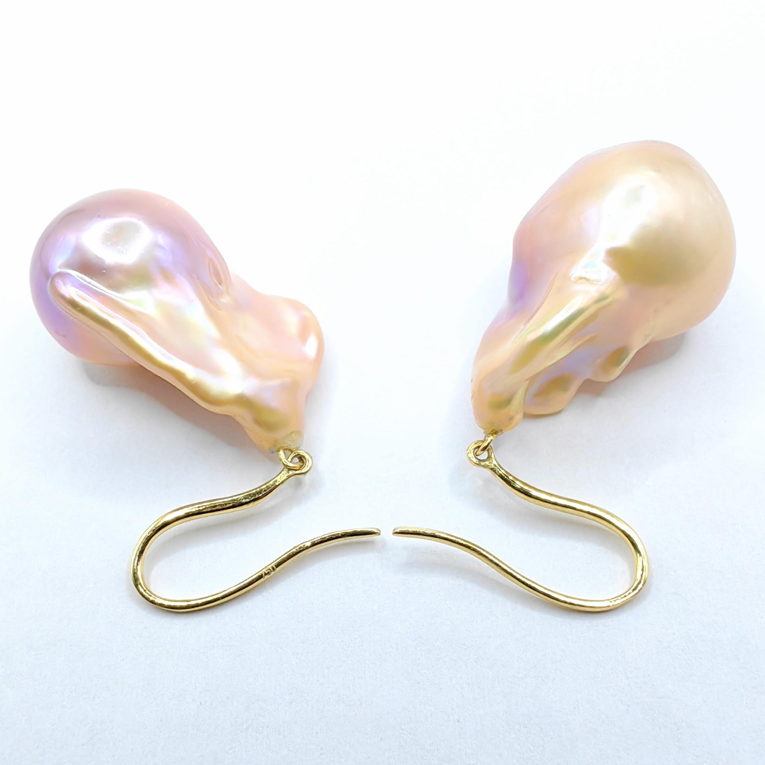 Unicorn Hue Golden Baroque Pearl Drop Earrings With 18K Yellow Gold French Hooks For Sale 4