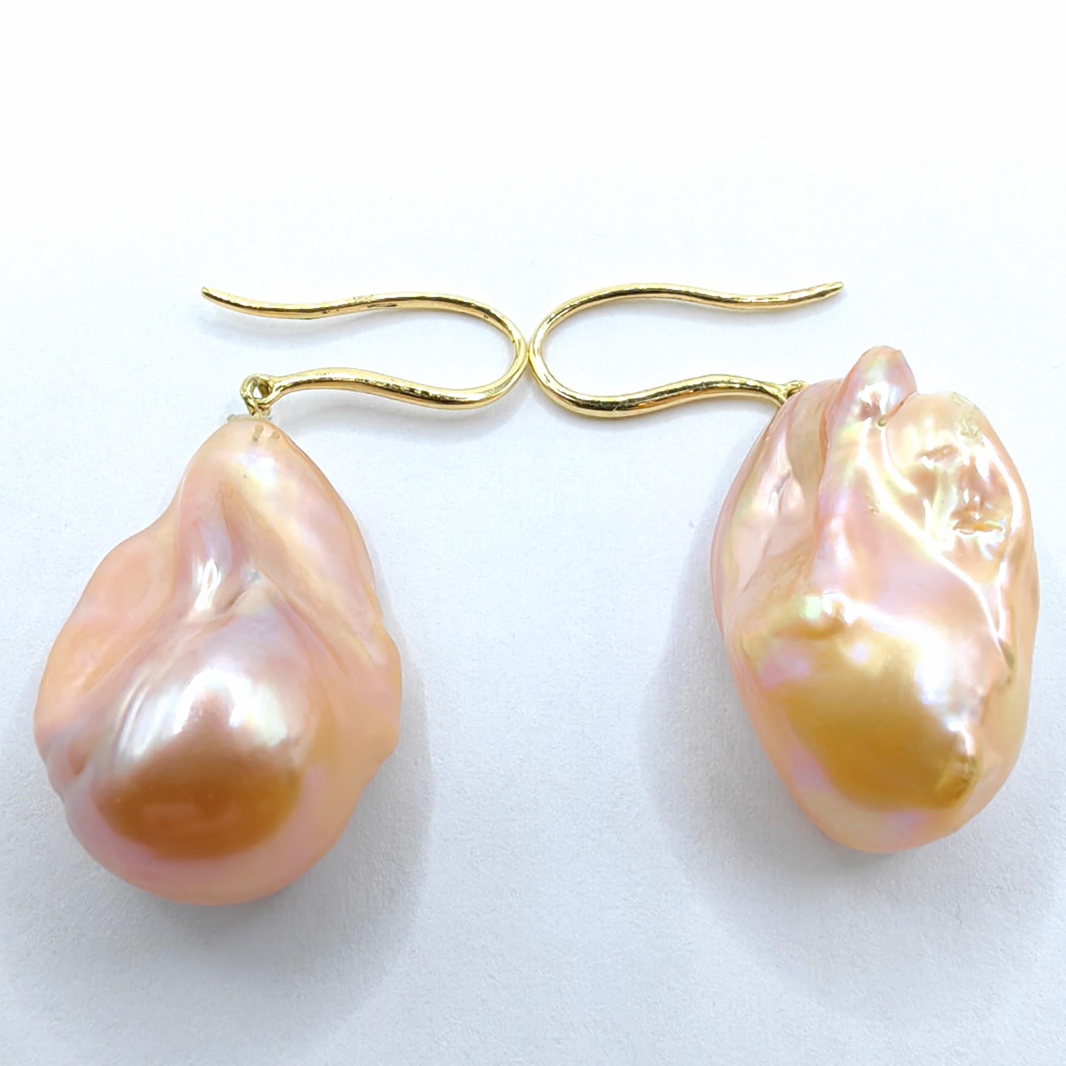 Unicorn Hue Golden Baroque Pearl Drop Earrings With 18K Yellow Gold French Hooks For Sale 4