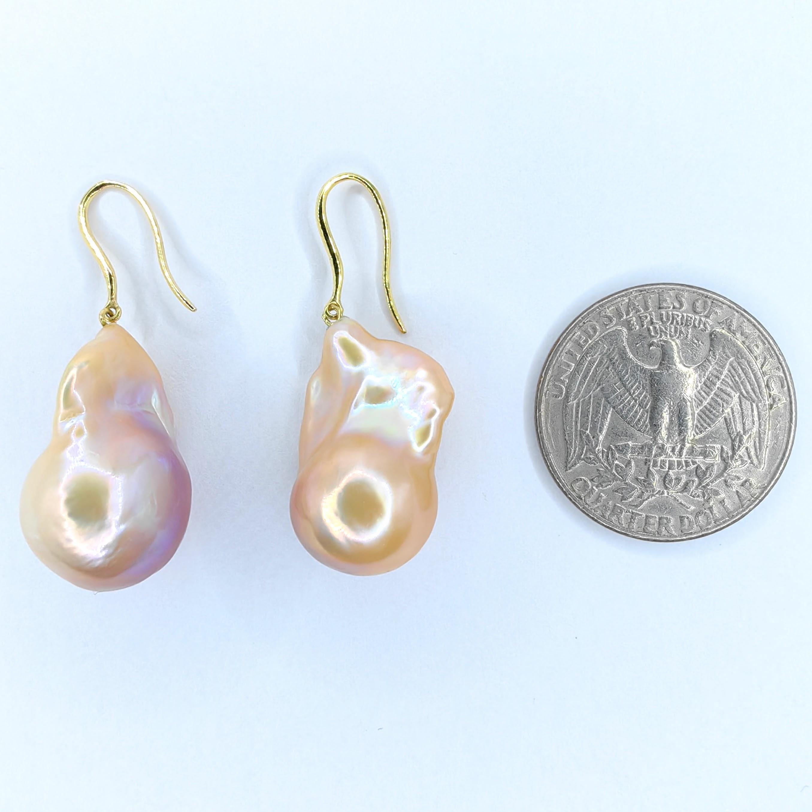 Unicorn Hue Golden Baroque Pearl Drop Earrings With 18K Yellow Gold French Hooks For Sale 5