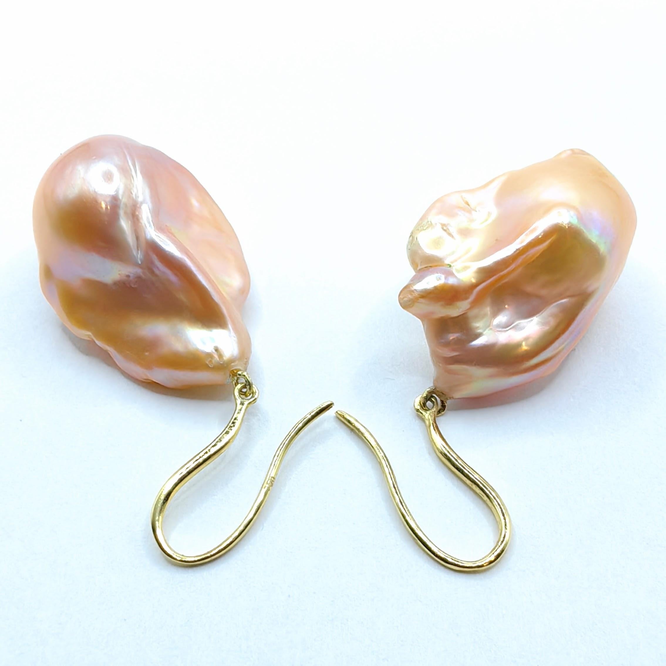 Unicorn Hue Golden Baroque Pearl Drop Earrings With 18K Yellow Gold French Hooks For Sale 5