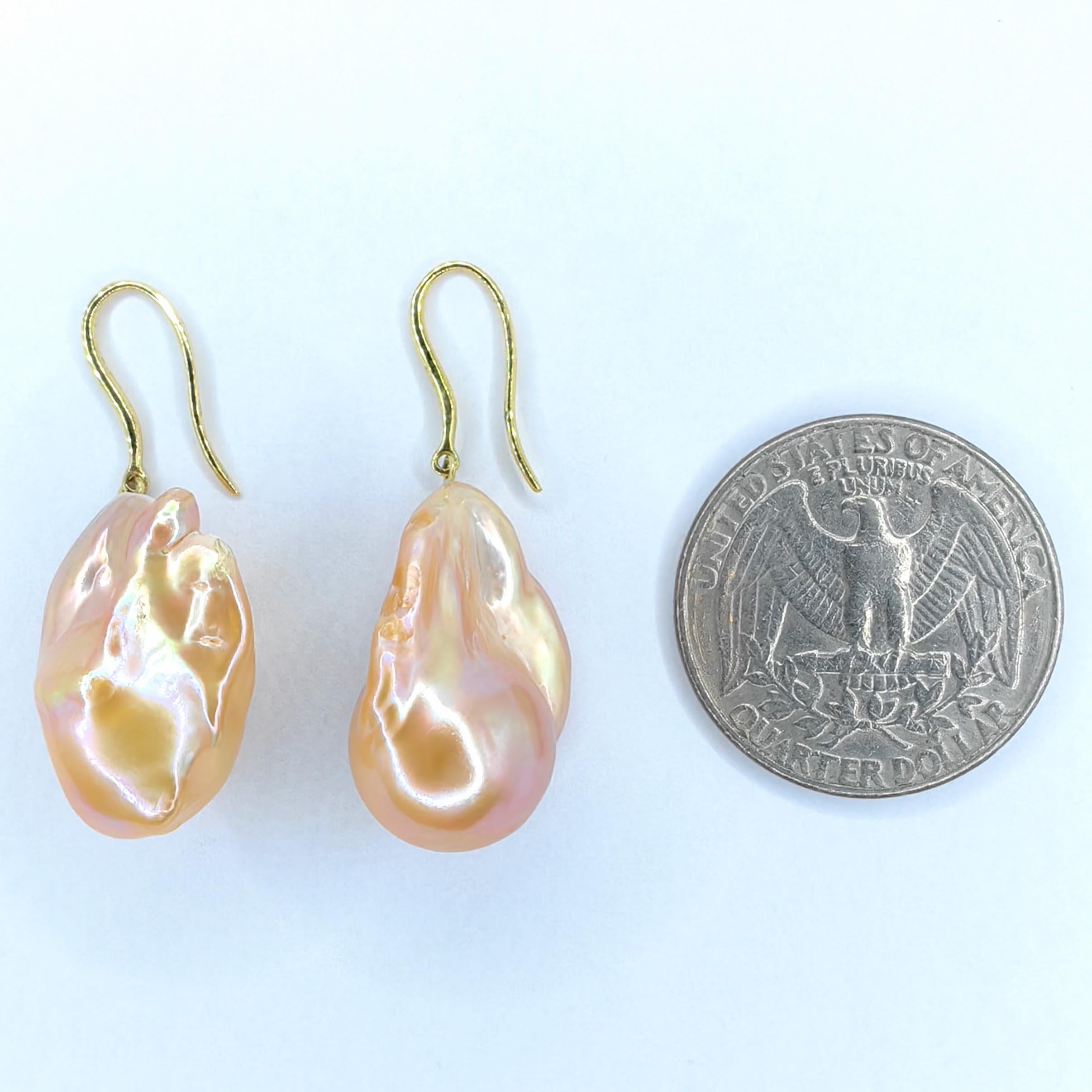 Unicorn Hue Golden Baroque Pearl Drop Earrings With 18K Yellow Gold French Hooks For Sale 6
