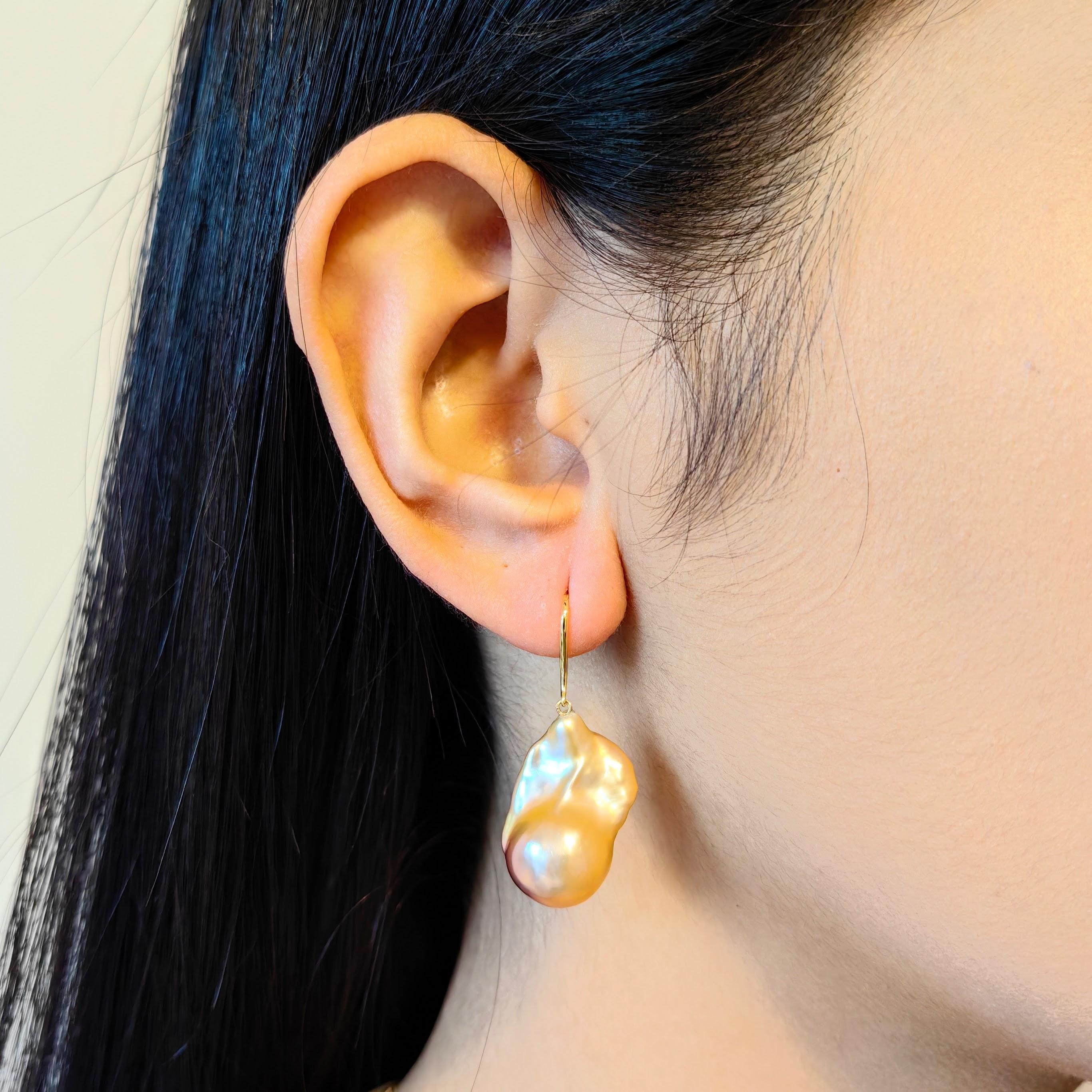 Unicorn Hue Golden Baroque Pearl Drop Earrings With 18K Yellow Gold French Hooks For Sale 7
