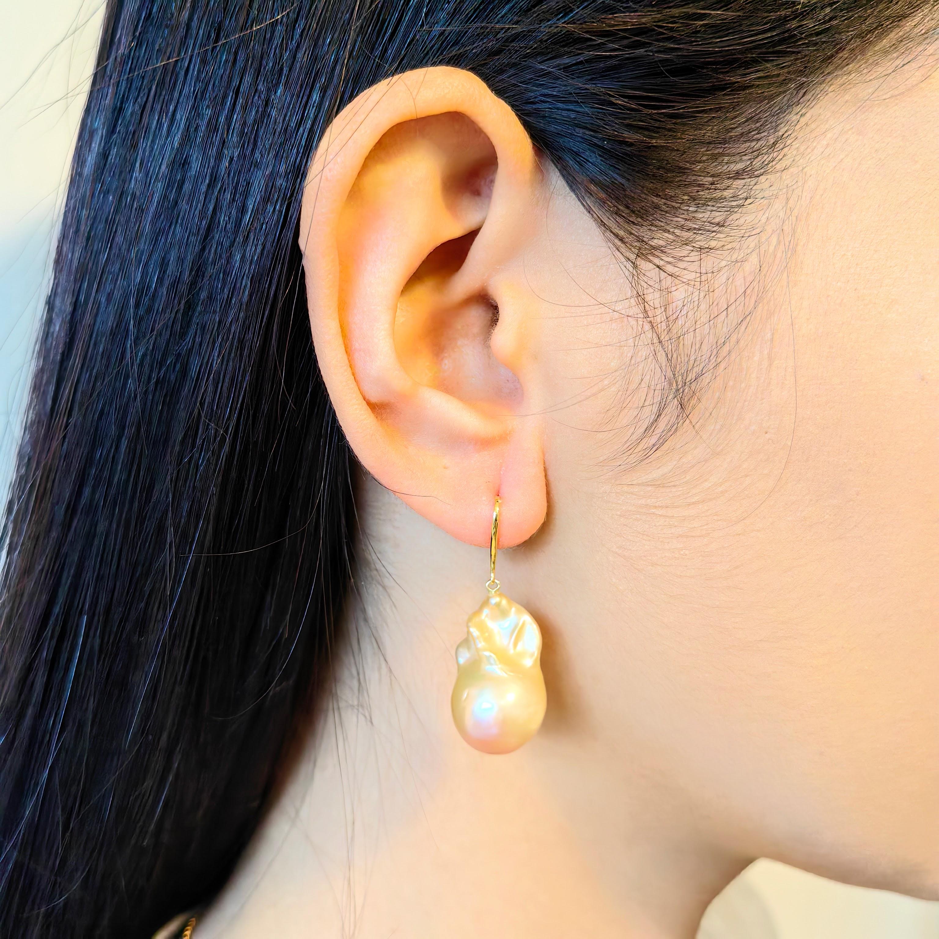 Unicorn Hue Golden Baroque Pearl Drop Earrings With 18K Yellow Gold French Hooks For Sale 8