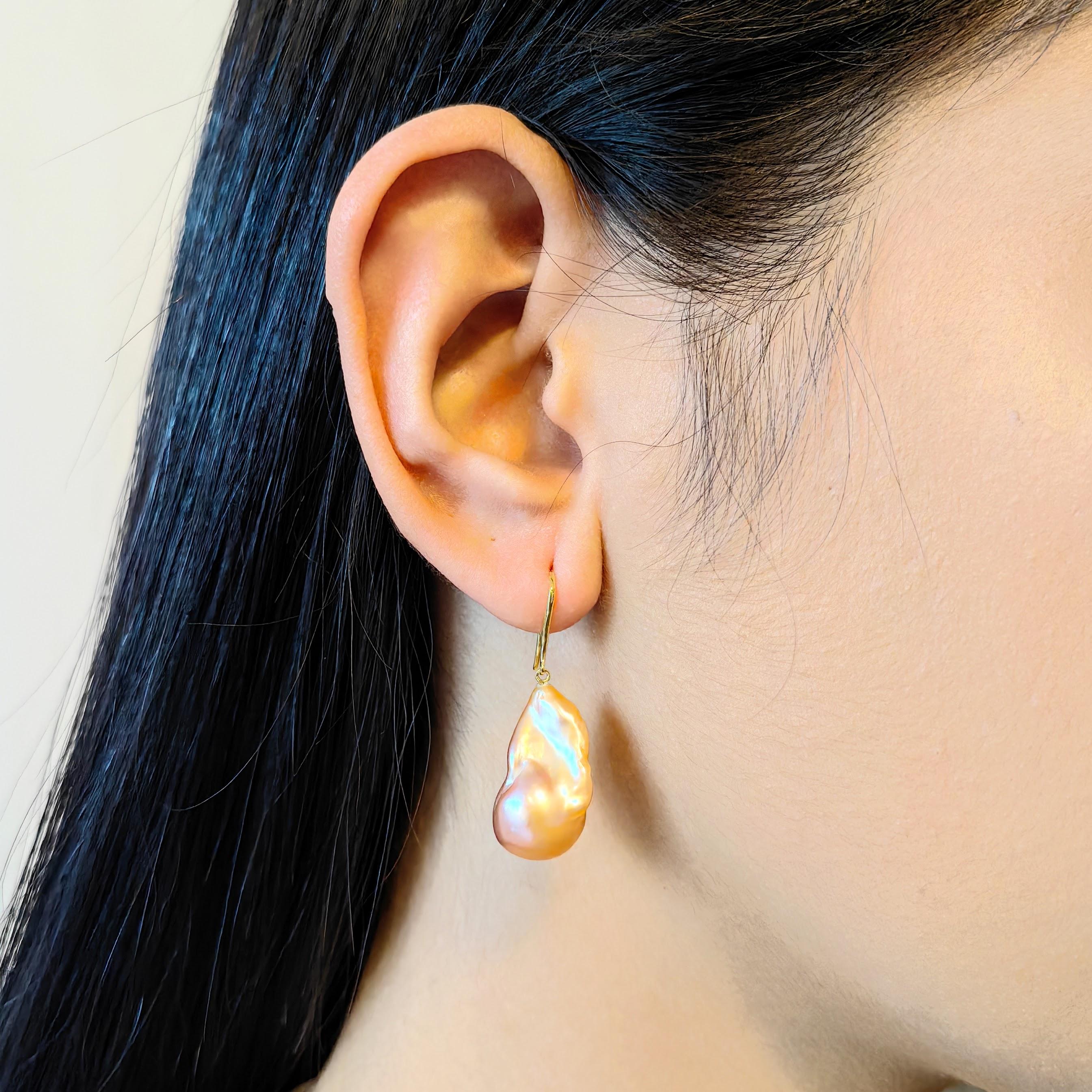 Unicorn Hue Golden Baroque Pearl Drop Earrings With 18K Yellow Gold French Hooks For Sale 8