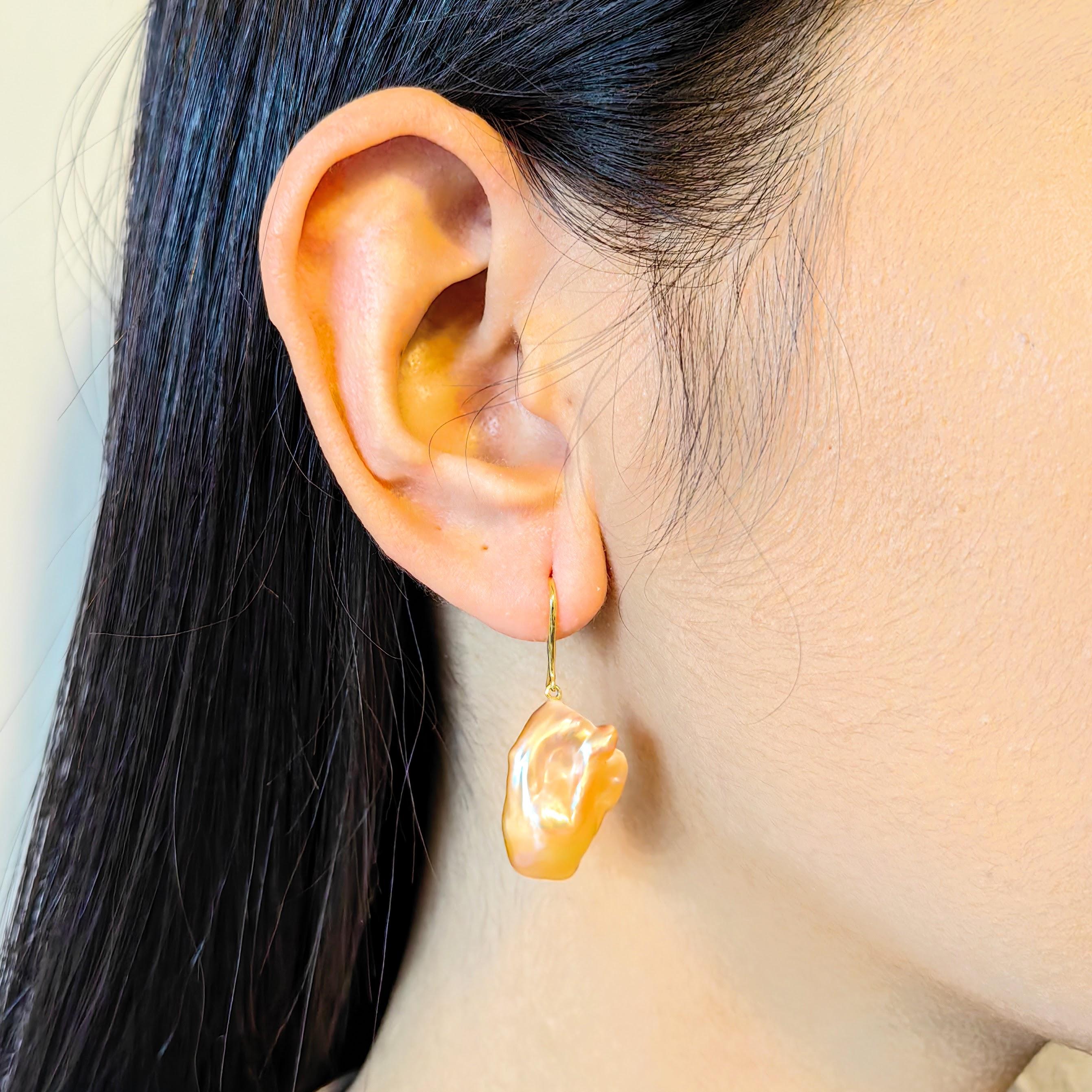 Unicorn Hue Golden Baroque Pearl Drop Earrings With 18K Yellow Gold French Hooks For Sale 9