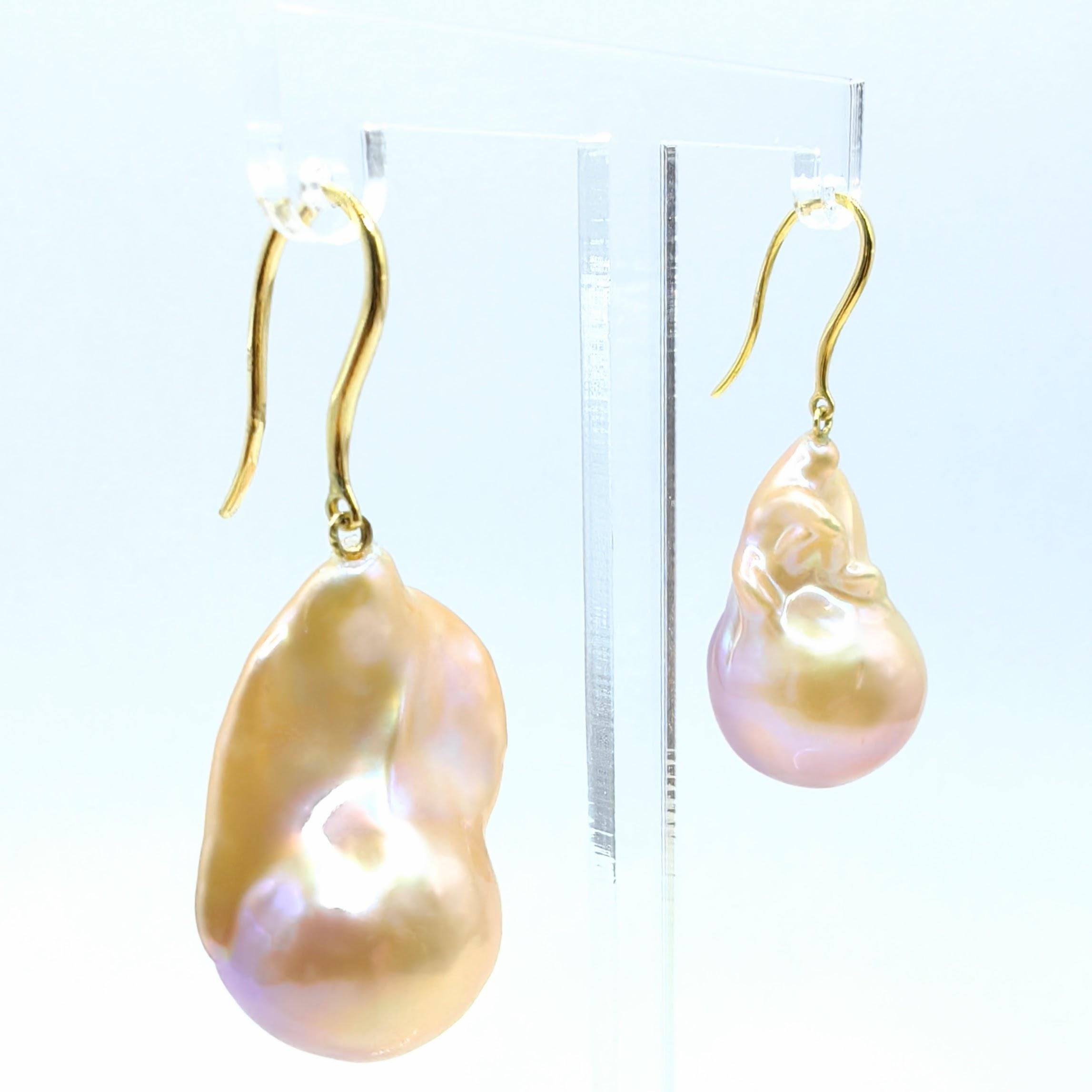 Contemporary Unicorn Hue Golden Baroque Pearl Drop Earrings With 18K Yellow Gold French Hooks For Sale