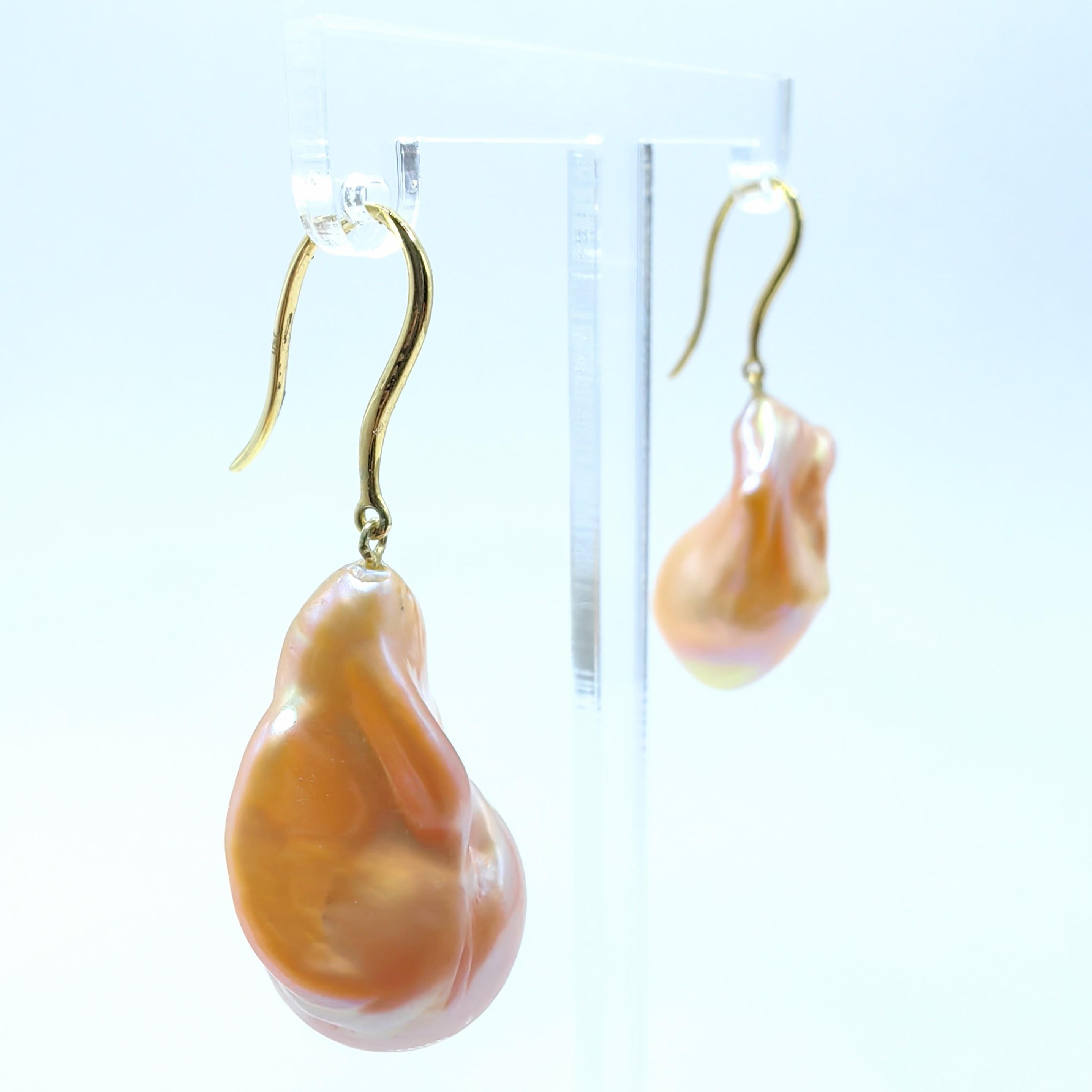 Contemporary Unicorn Hue Golden Baroque Pearl Drop Earrings With 18K Yellow Gold French Hooks For Sale
