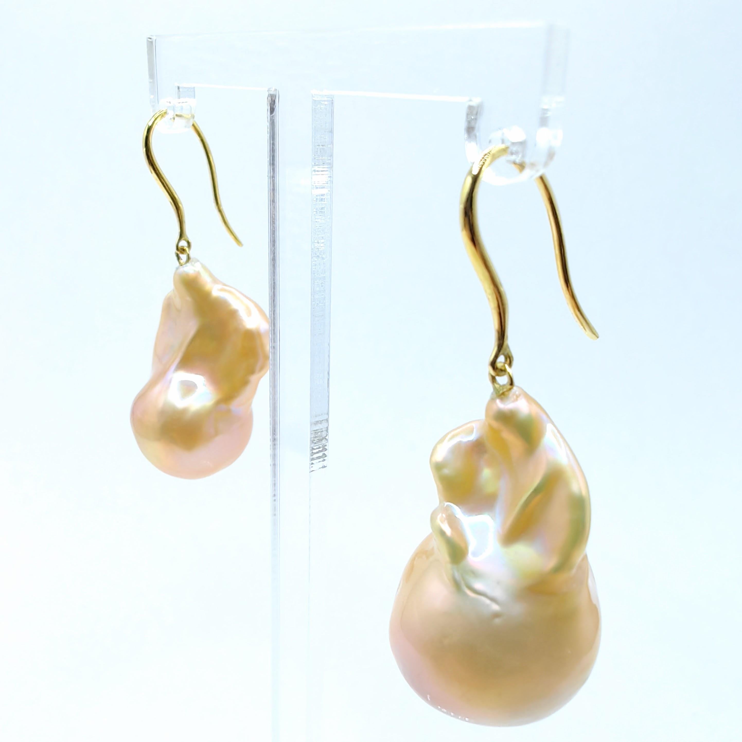 Uncut Unicorn Hue Golden Baroque Pearl Drop Earrings With 18K Yellow Gold French Hooks For Sale