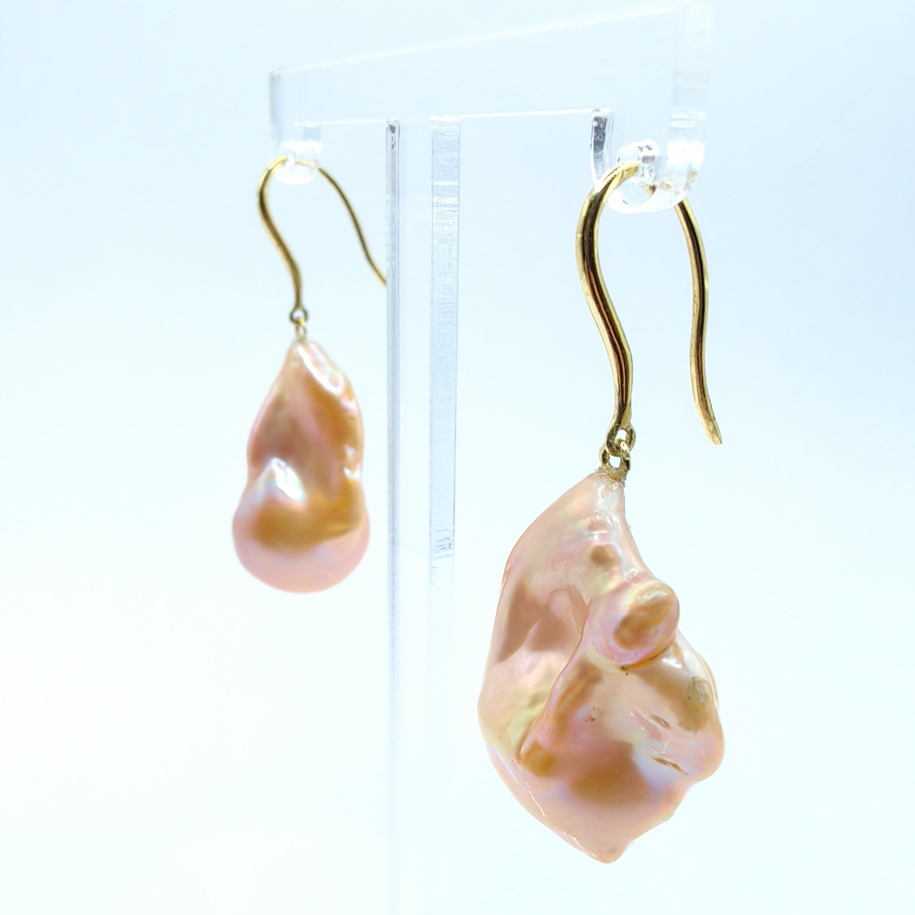 Uncut Unicorn Hue Golden Baroque Pearl Drop Earrings With 18K Yellow Gold French Hooks For Sale