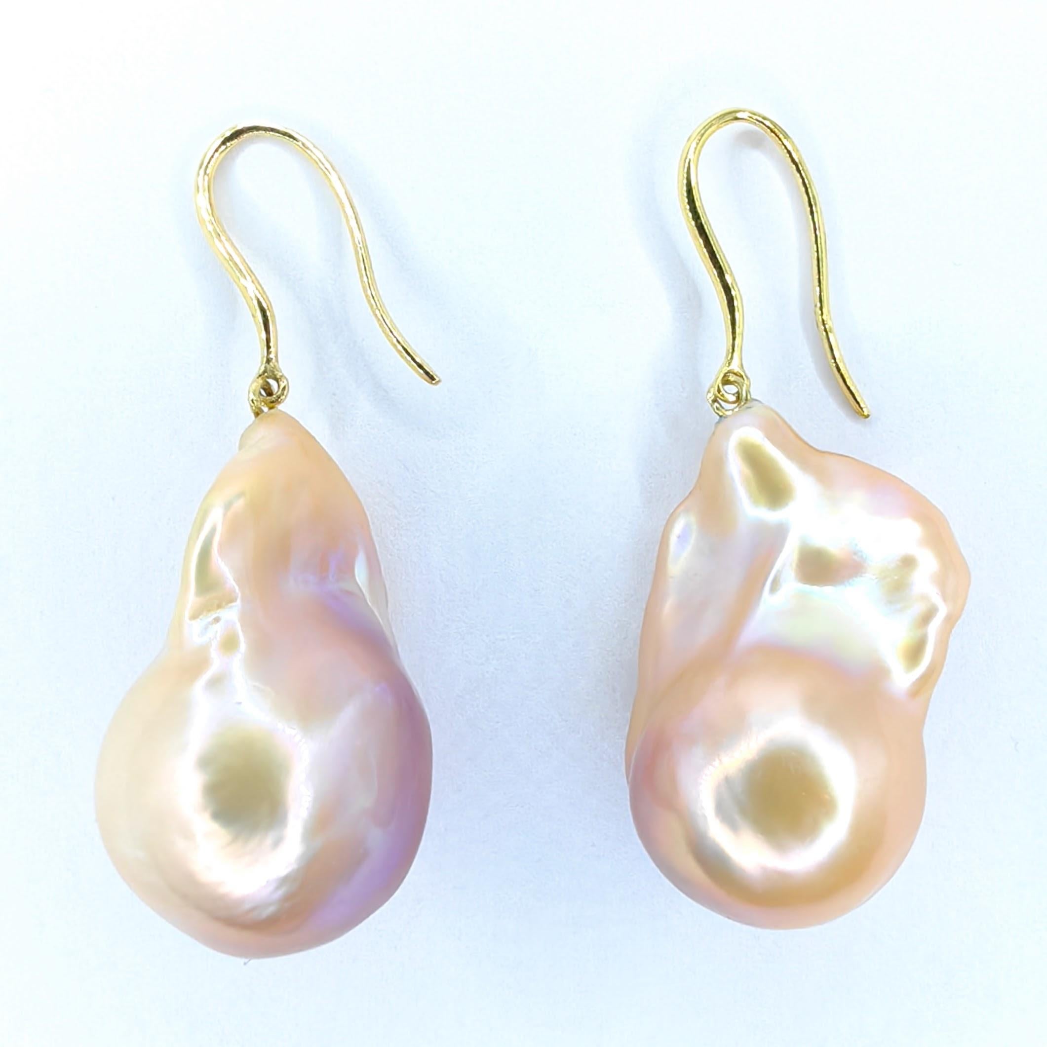 Women's Unicorn Hue Golden Baroque Pearl Drop Earrings With 18K Yellow Gold French Hooks For Sale