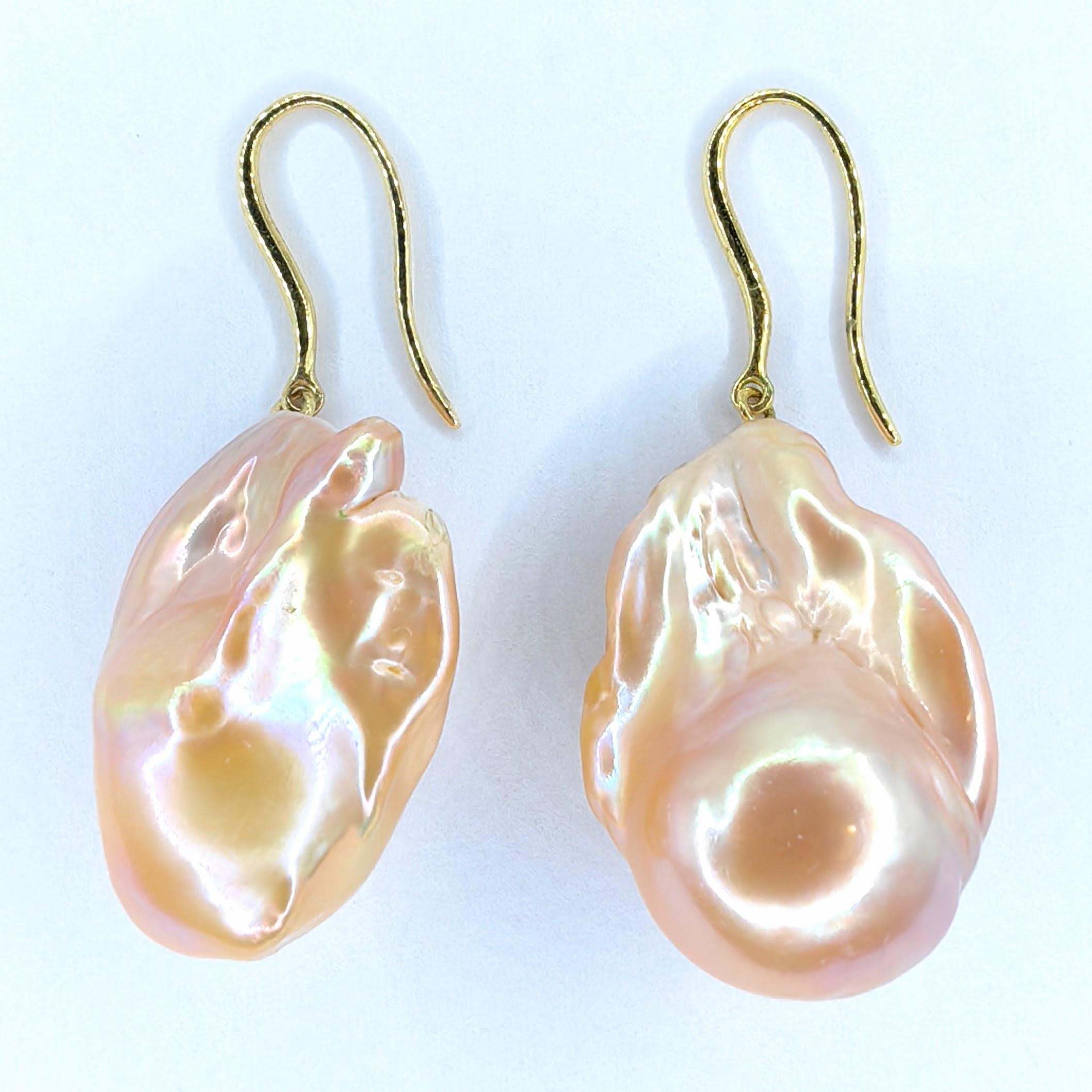Women's Unicorn Hue Golden Baroque Pearl Drop Earrings With 18K Yellow Gold French Hooks For Sale