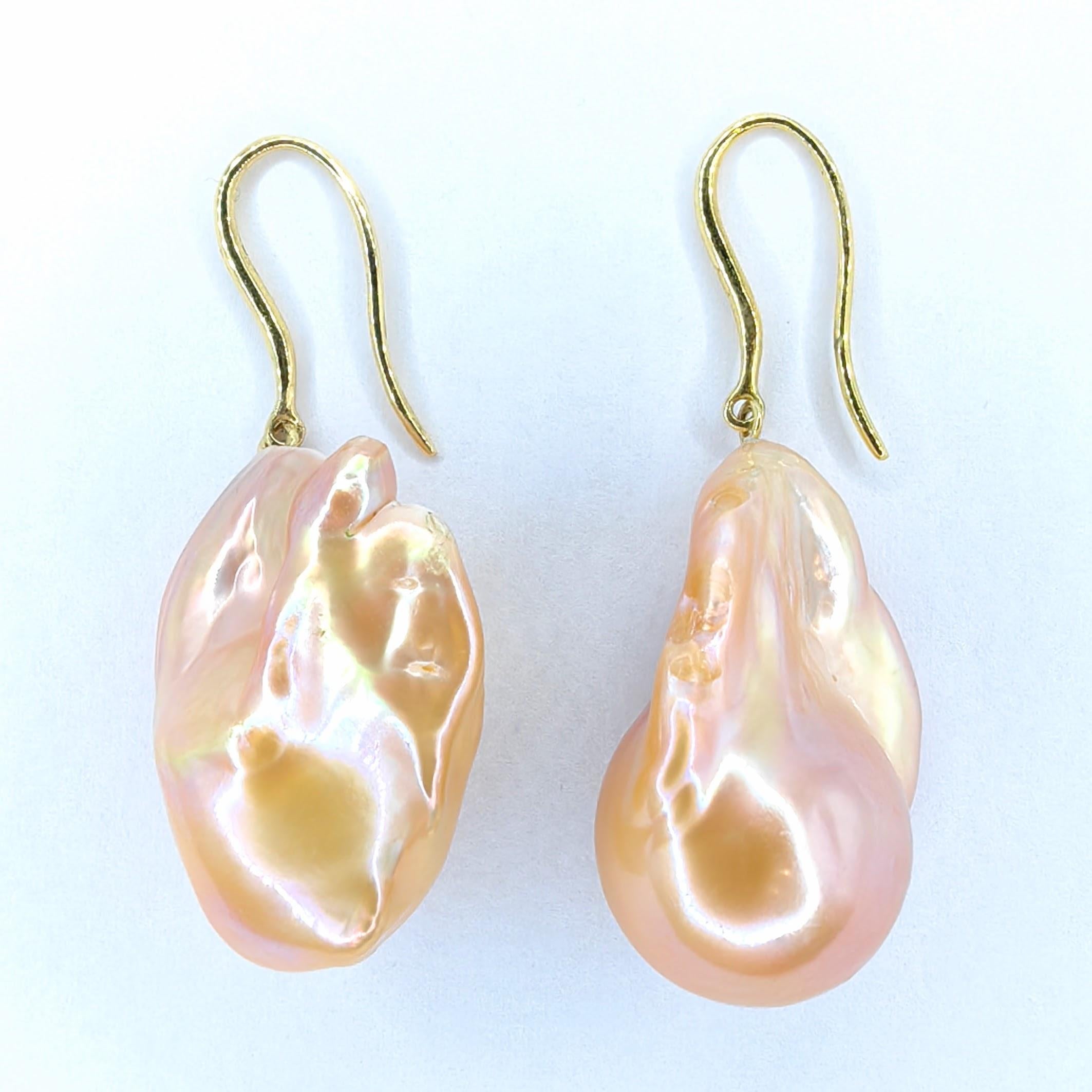 Unicorn Hue Golden Baroque Pearl Drop Earrings With 18K Yellow Gold French Hooks For Sale 1