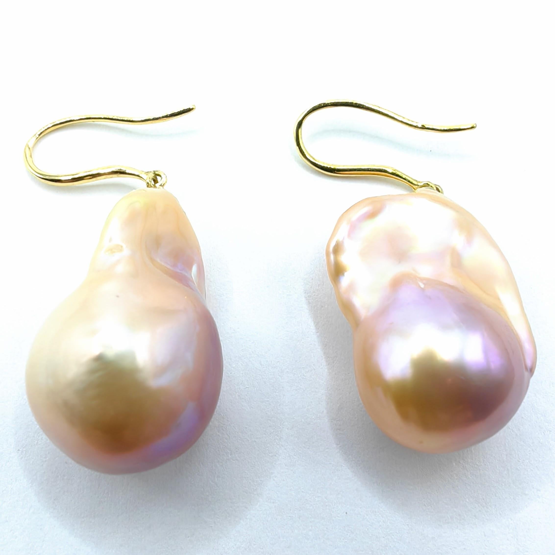 Unicorn Hue Golden Baroque Pearl Drop Earrings With 18K Yellow Gold French Hooks For Sale 2