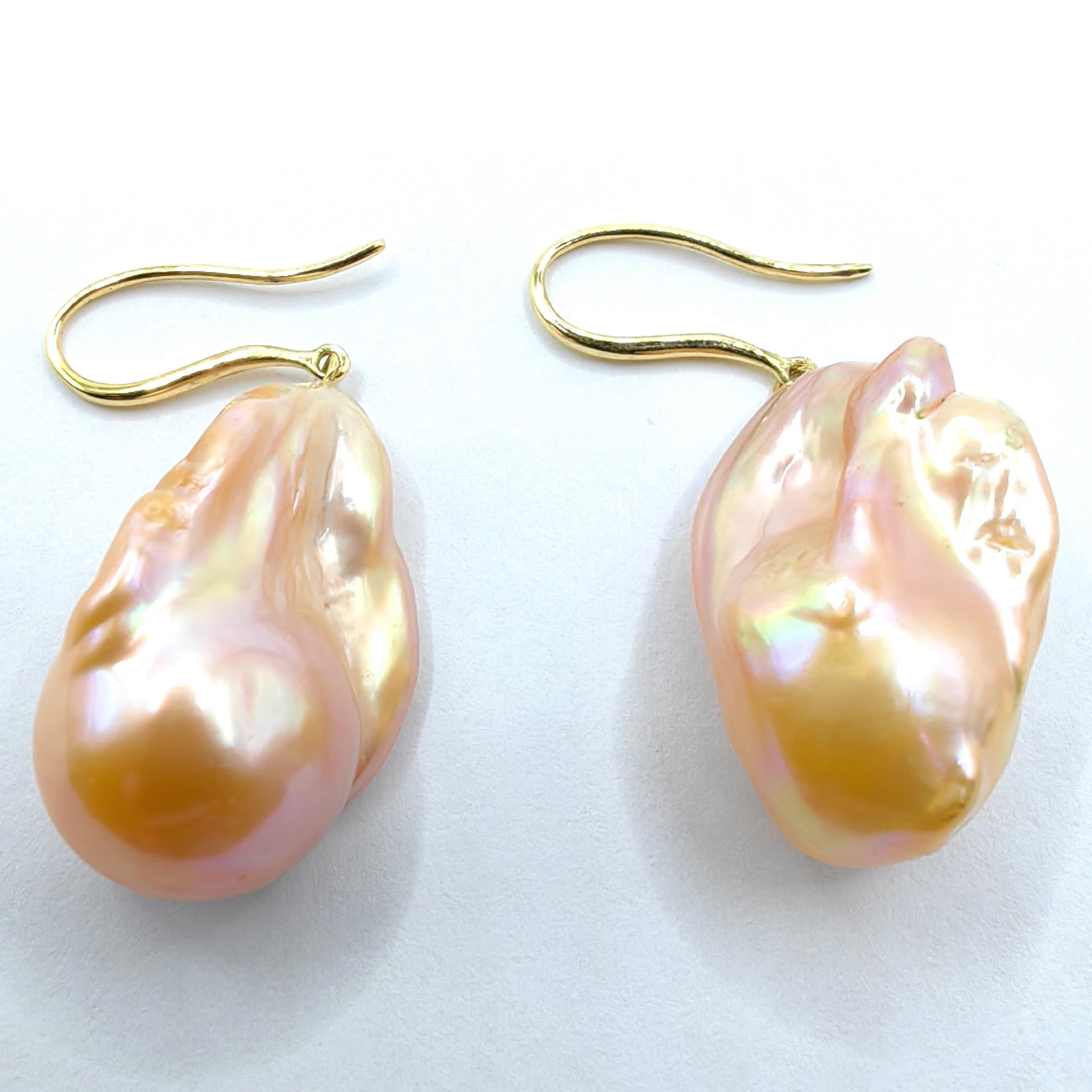 Unicorn Hue Golden Baroque Pearl Drop Earrings With 18K Yellow Gold French Hooks For Sale 2