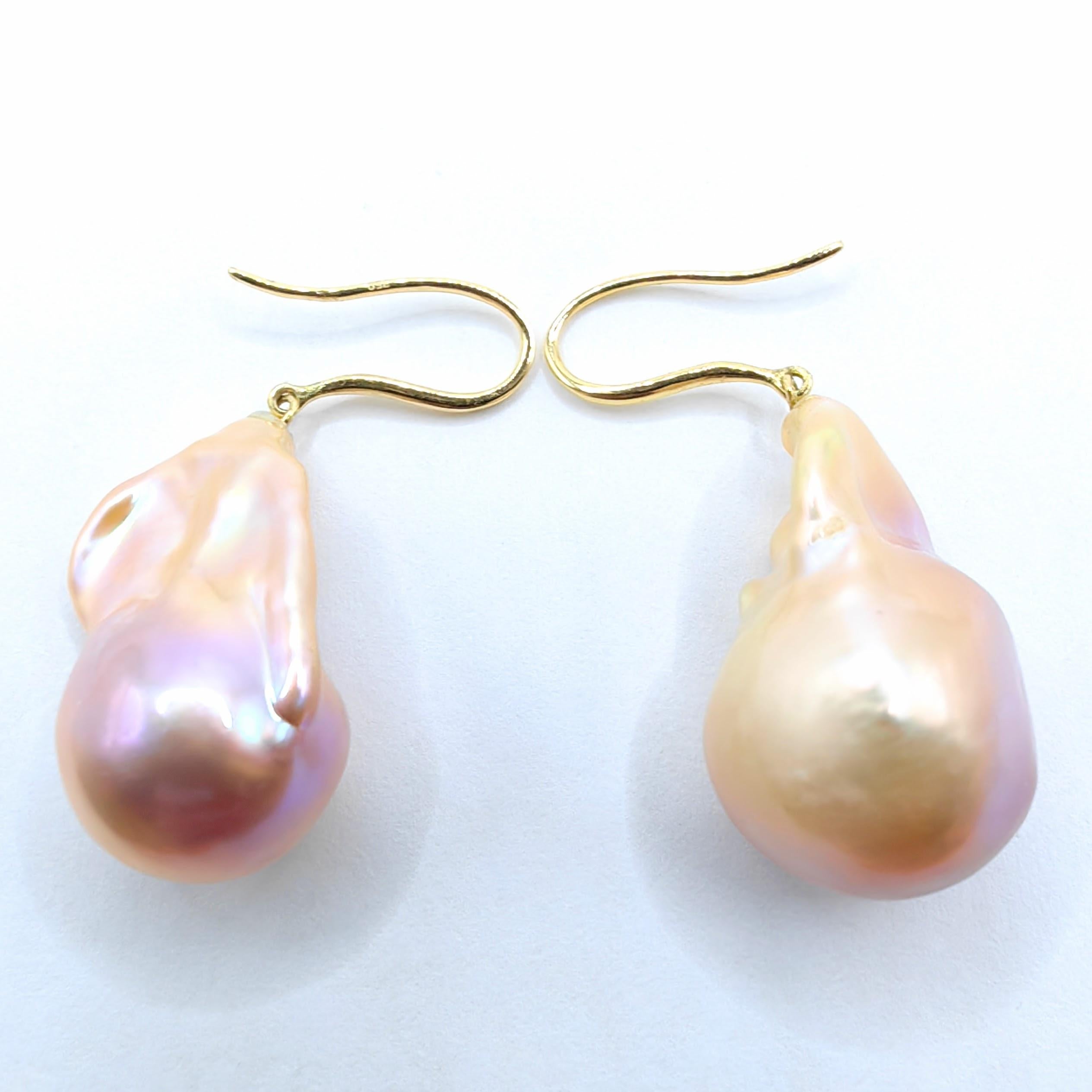 Unicorn Hue Golden Baroque Pearl Drop Earrings With 18K Yellow Gold French Hooks For Sale 3