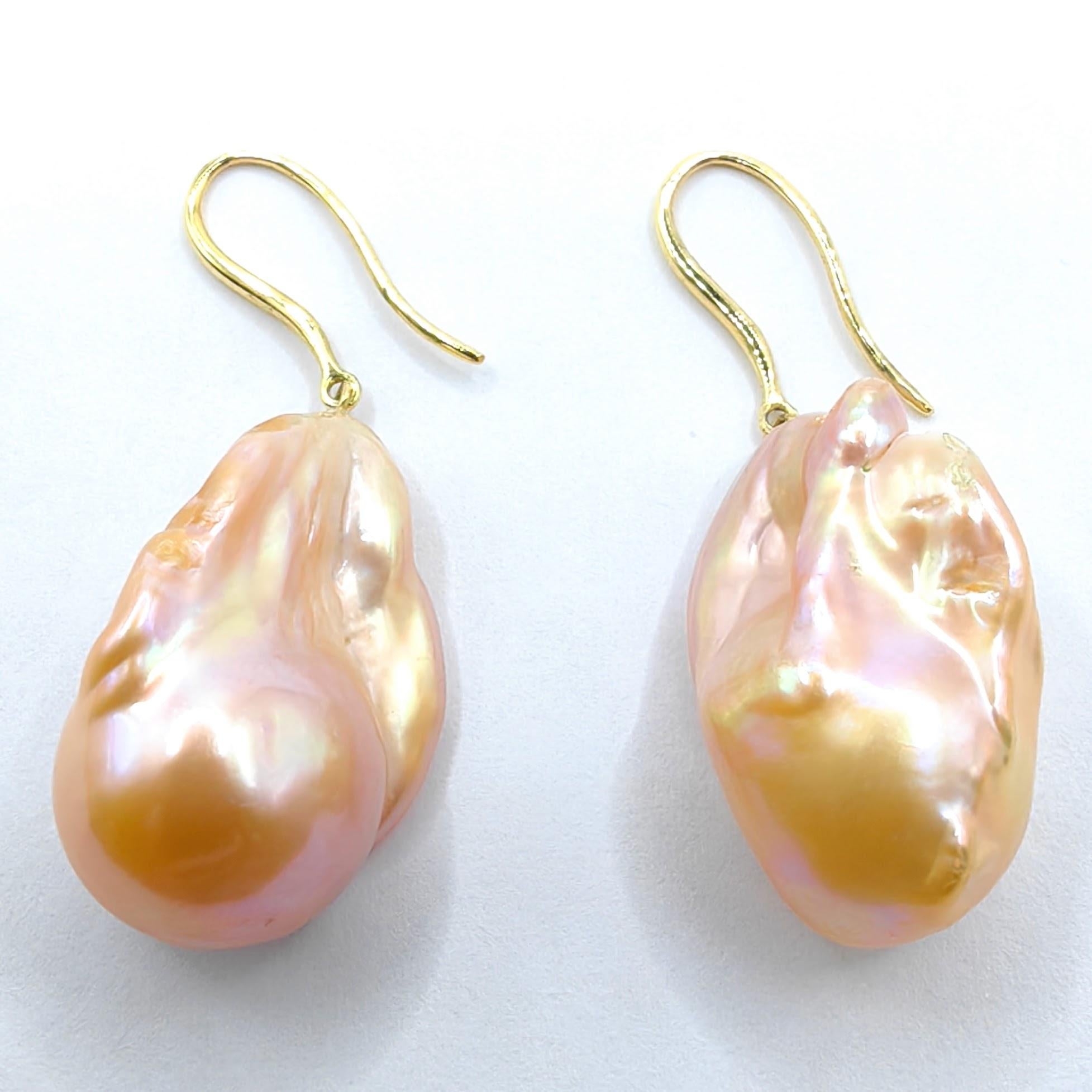 Unicorn Hue Golden Baroque Pearl Drop Earrings With 18K Yellow Gold French Hooks For Sale 3