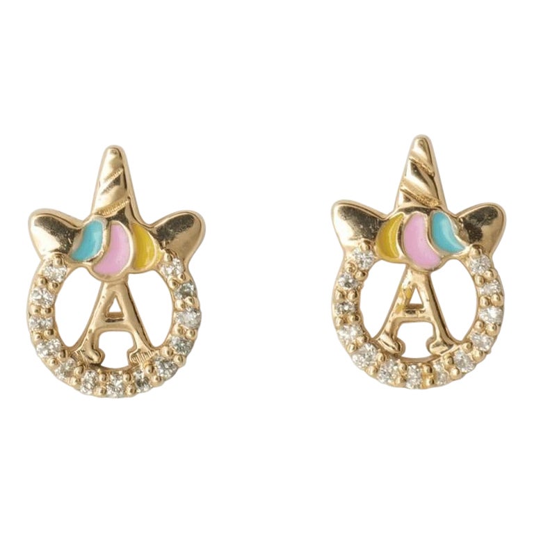 Pendientes infantiles de oro macizo de 14 quilates con la inicial del unicornio (certificado) en venta
