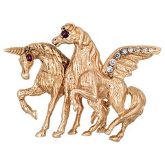 Unicorn and Pegasus Pendant Vintage 14 Karat Yellow Gold Mythical Animal Jewelry