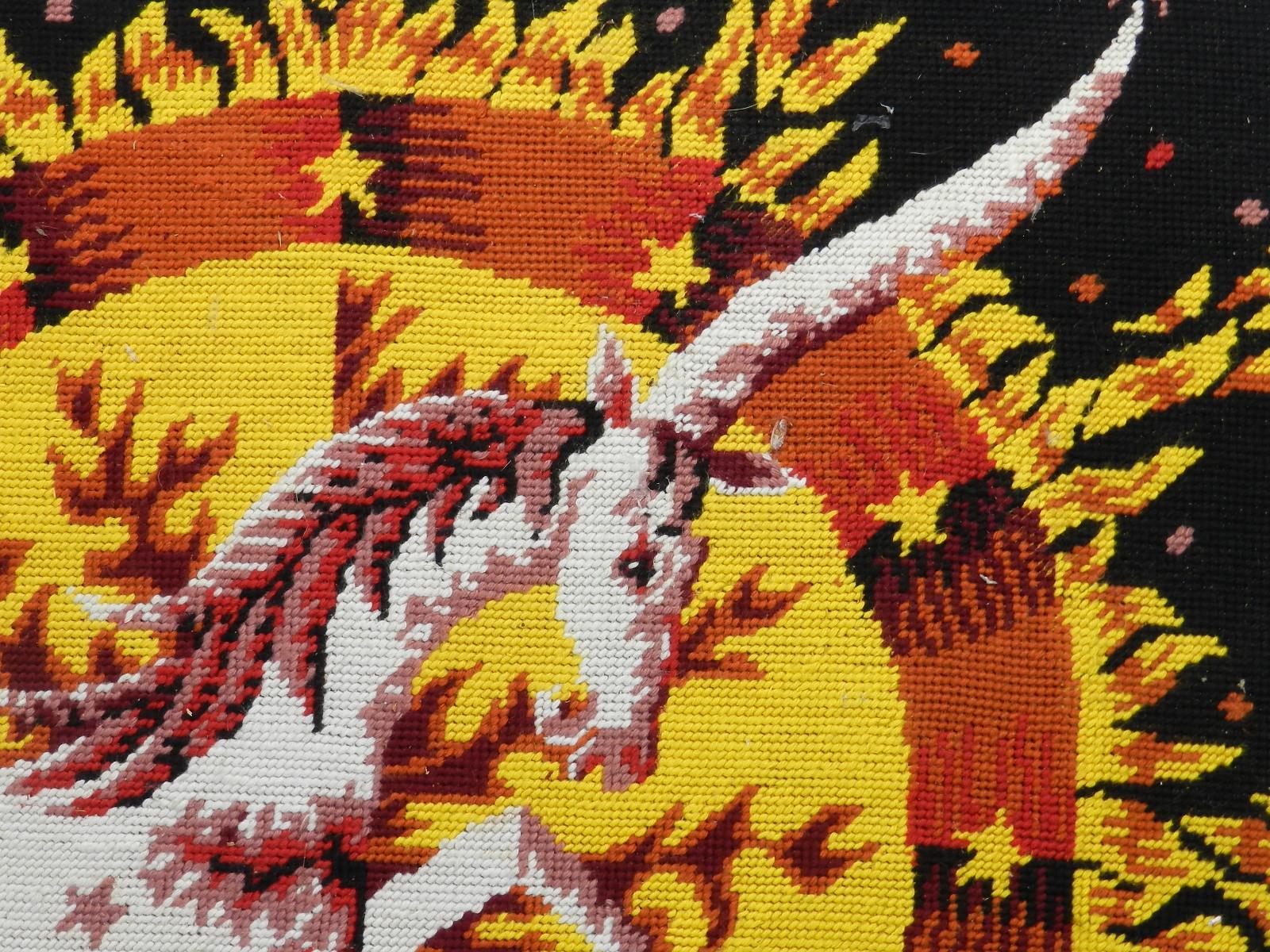 French Midcentury Tapestry by Alain Cornic Unicorn Petit Point  Wall Decoration For Sale