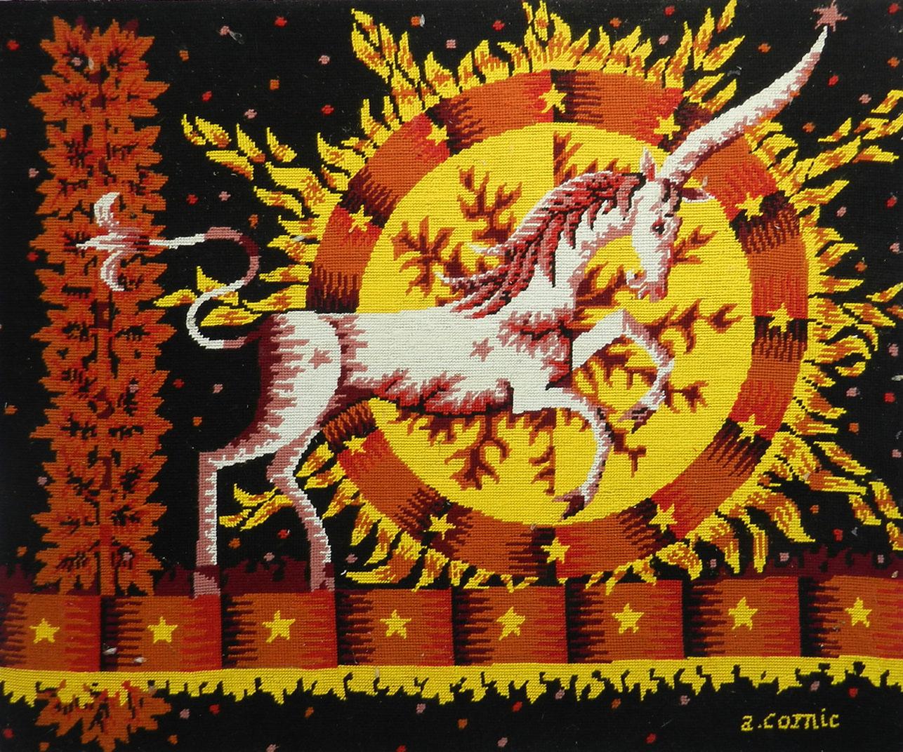 Midcentury tapestry French hand stitched needlepoint designed by Alain Cornic
in the tradition of Jean Lurcat and Picart Le Doux
Alain Cornic is a painter illustrator known for his highly colorful works representing life in the 1960s and 1970s
The