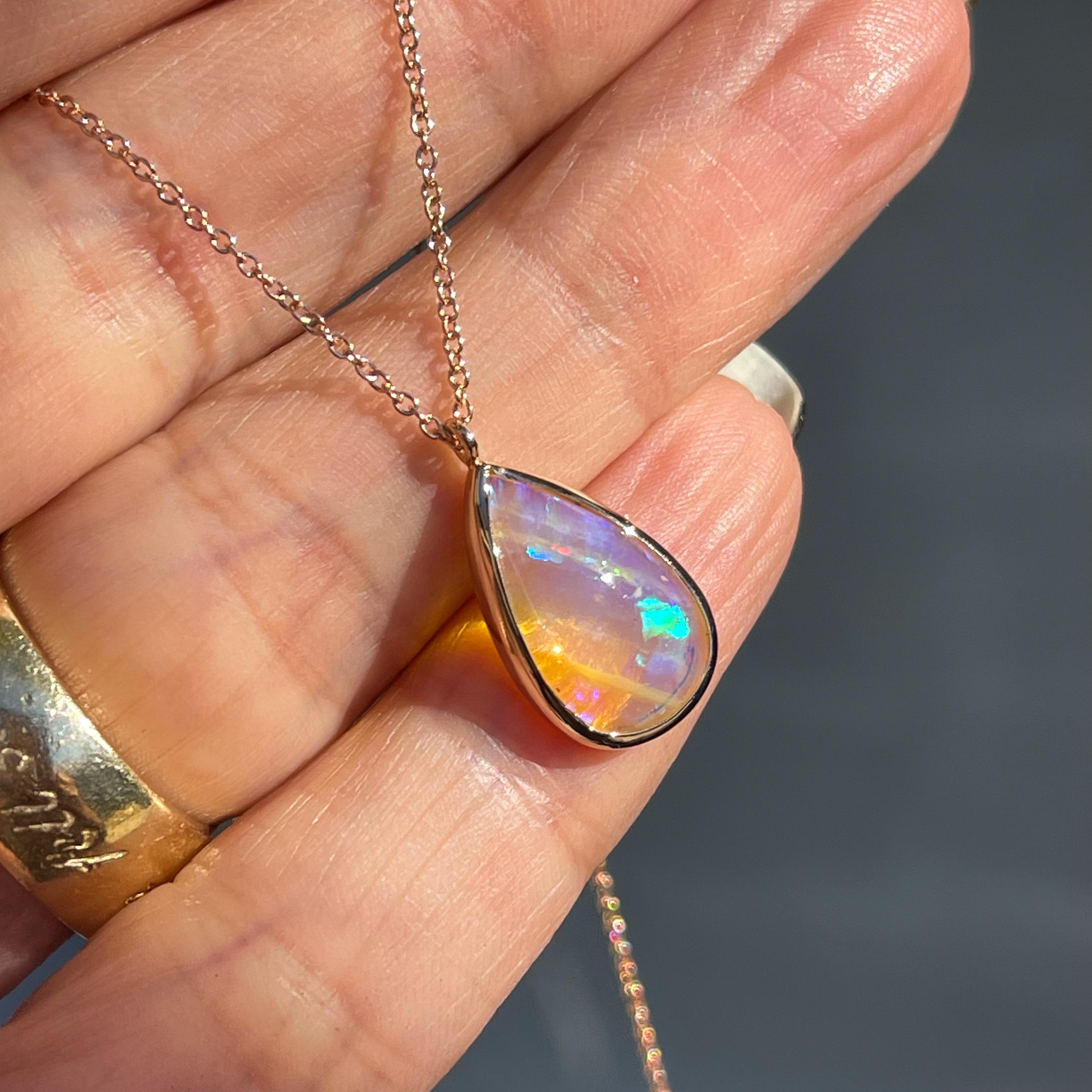 Contemporary Unicorn Tear Australian Opal Necklace No. 19 in 14k Rose Gold by NIXIN Jewelry For Sale