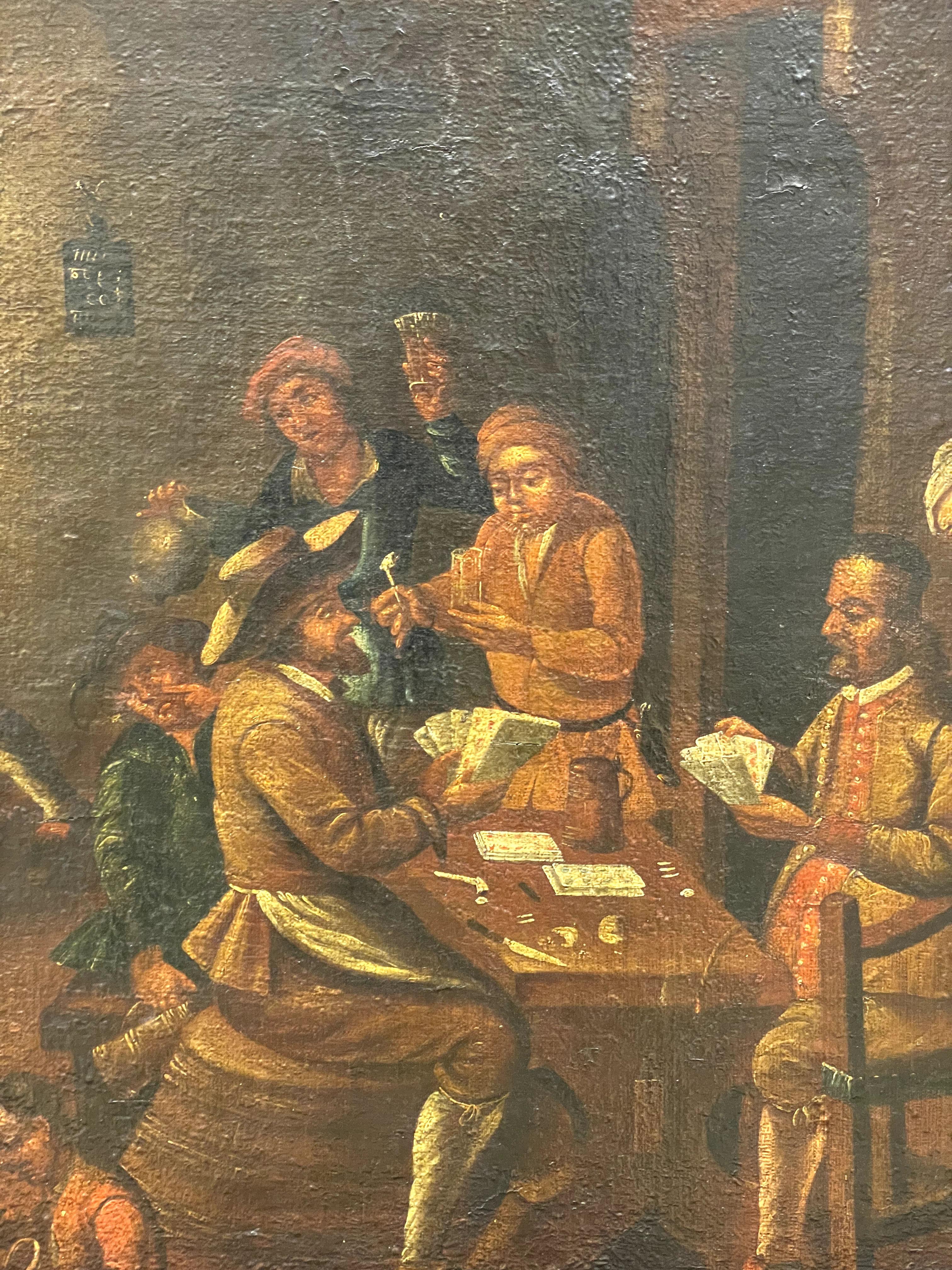 Artista no identificado
Escena de taberna del siglo XVII
Óleo sobre lienzo
Enmarcado: 113 x 103 cm  Lienzo: 96 x 91 cm
Este óleo del siglo XVII representa una animada escena de taberna, un tema popular en la pintura de género holandesa y flamenca