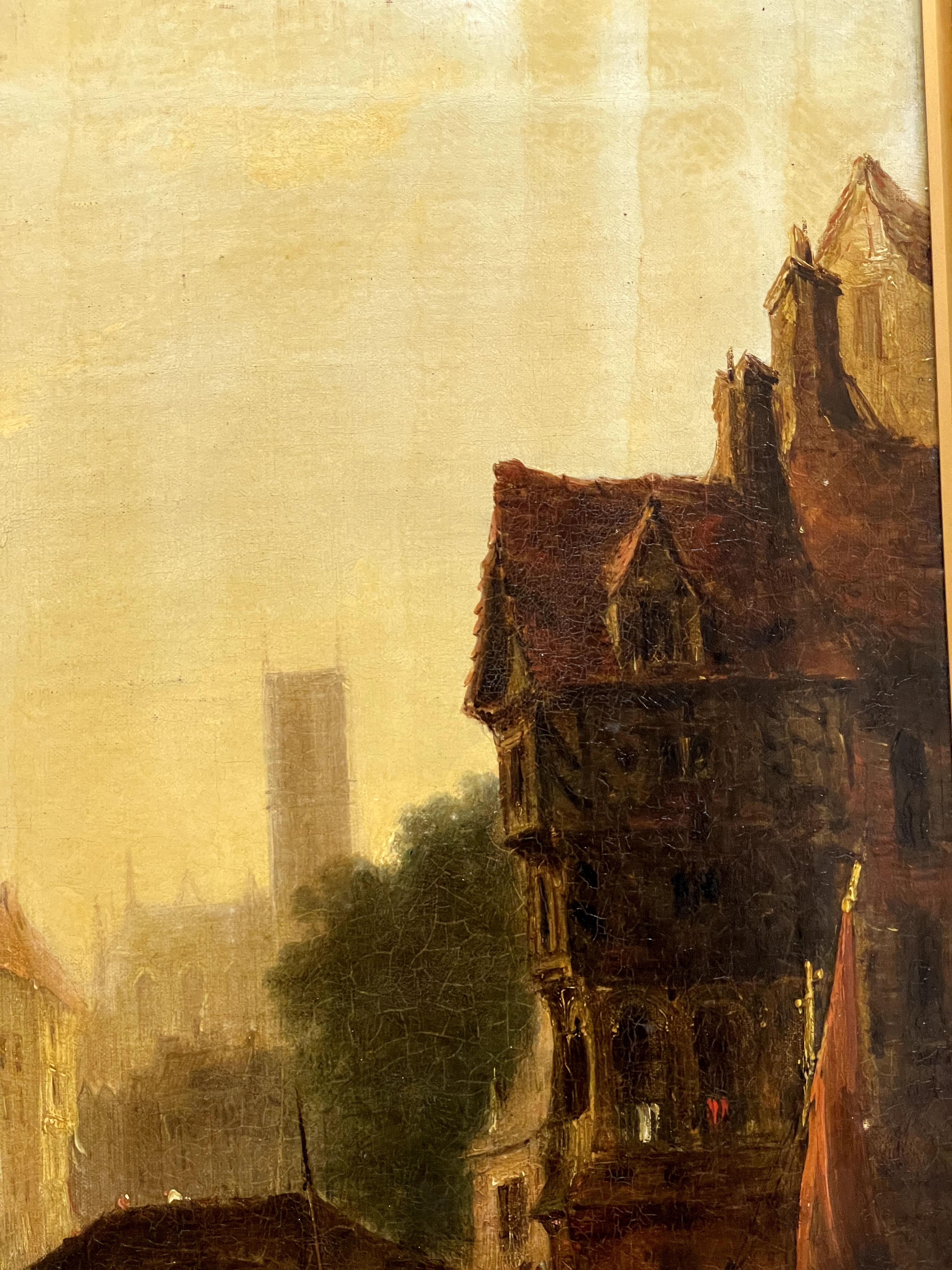 Unidentified Artist (19th Century)
Dutch Landscape
Oil on canvas
Framed: 69 x 55 cm  Canvas: 63 x 47 cm
No signatured
This evocative 19th-century Dutch landscape painting captures a lively canal scene, reflecting the timeless charm of the