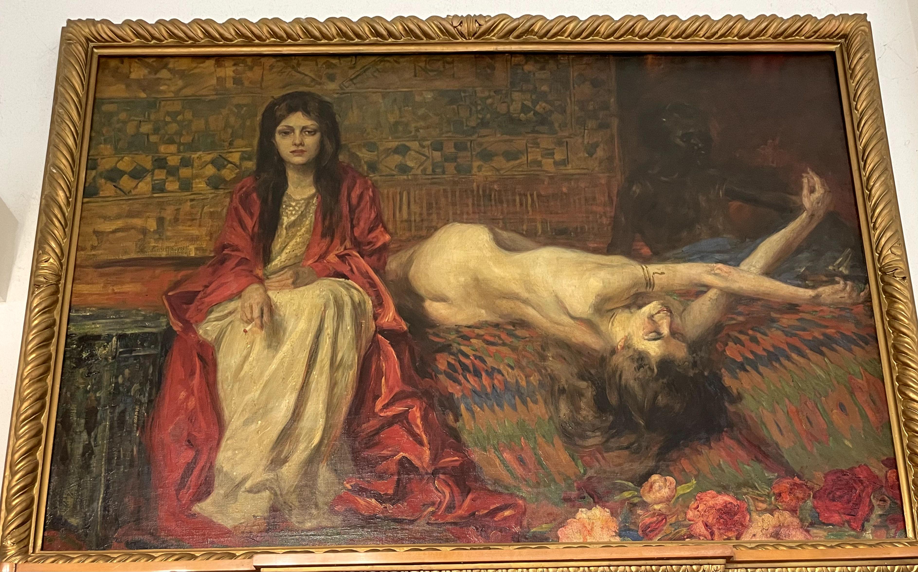 Artistics non identifiés
Scène orientaliste
Huile sur toile
Encadré : 162 x 221 cm  Toile : 144 x 200 cm
Cette remarquable peinture à l'huile de grand format présente une composition orientaliste dramatique, riche en symbolisme, en émotion et en