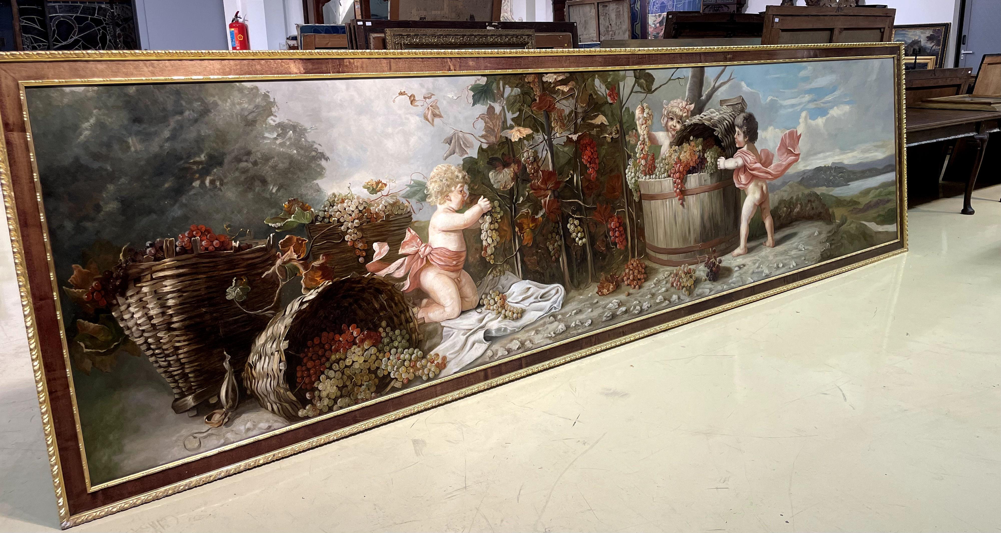 Allegorische Bacchus-Szene
Unbekannter Künstler
 19. Jahrhundert (Neoklassizistischer / Akademischer Stil)
 Öl auf Leinwand
 Gerahmt: 129 x 467 cm
 Leinwand: 115 x 452 cm
Beschreibung
Dieses großformatige, dekorative Ölgemälde stellt eine