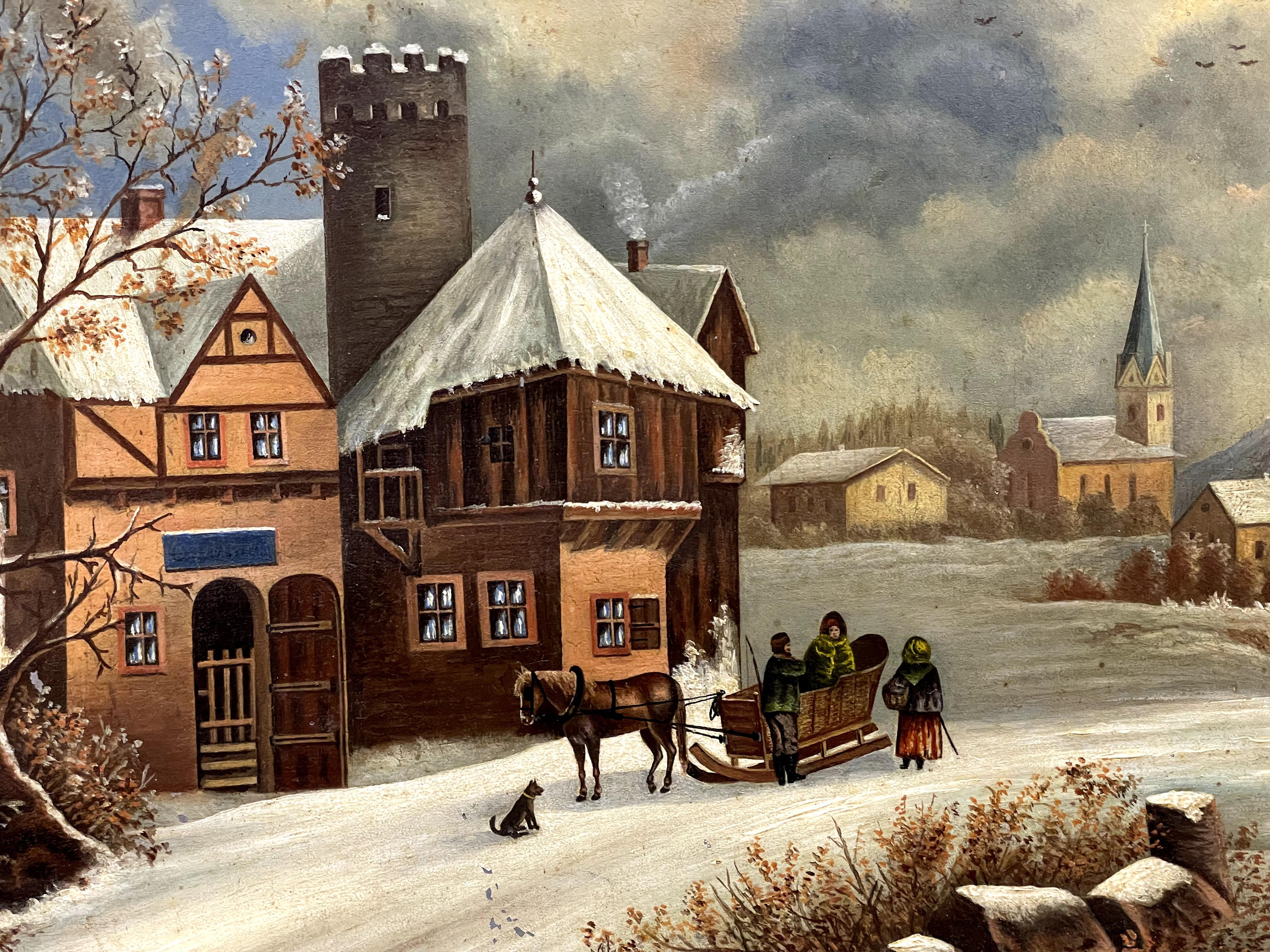 Artista non identificato
Scena invernale dell'Europa centrale del XIX secolo
Olio su tavola
Incorniciato: 39 x 51 cm  Pannello: 23 x 36 cm
Questo incantevole paesaggio invernale del XIX secolo presenta un pittoresco villaggio dell'Europa centrale,