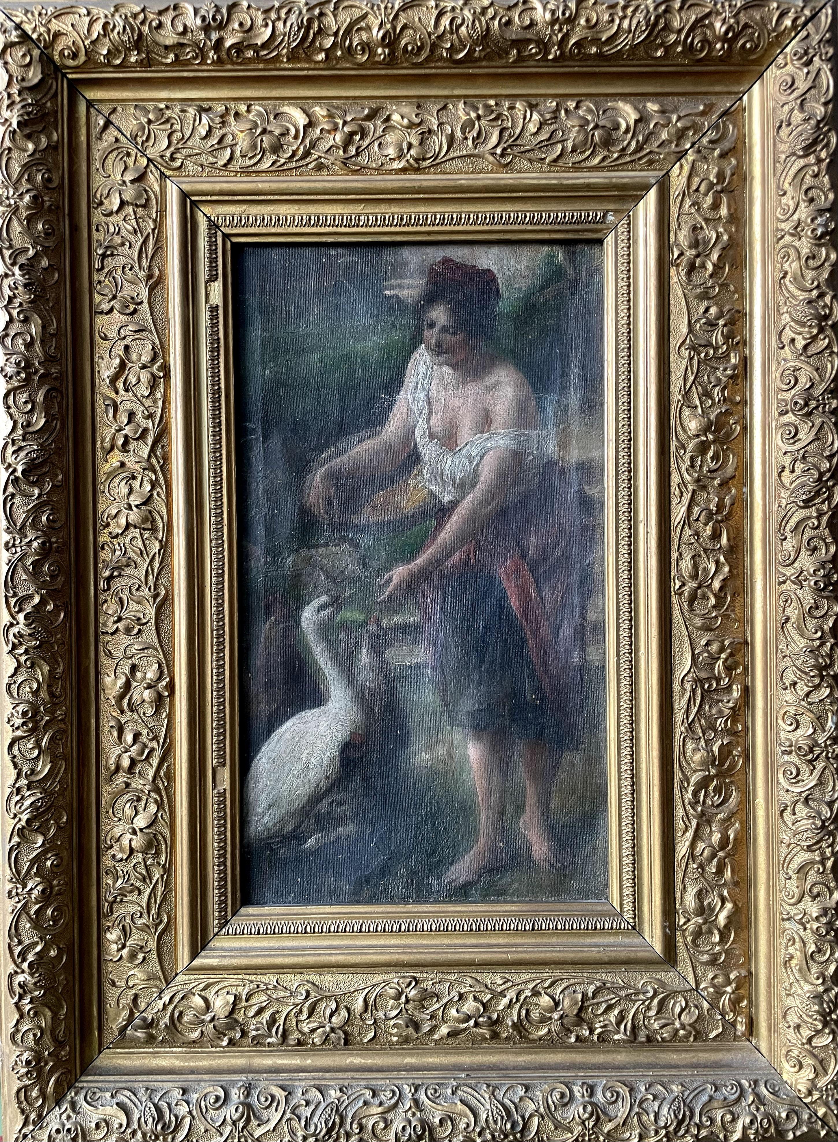 Figurative Painting di Unidentified Artist XIX  Century - "Donna che dà da mangiare agli uccelli"