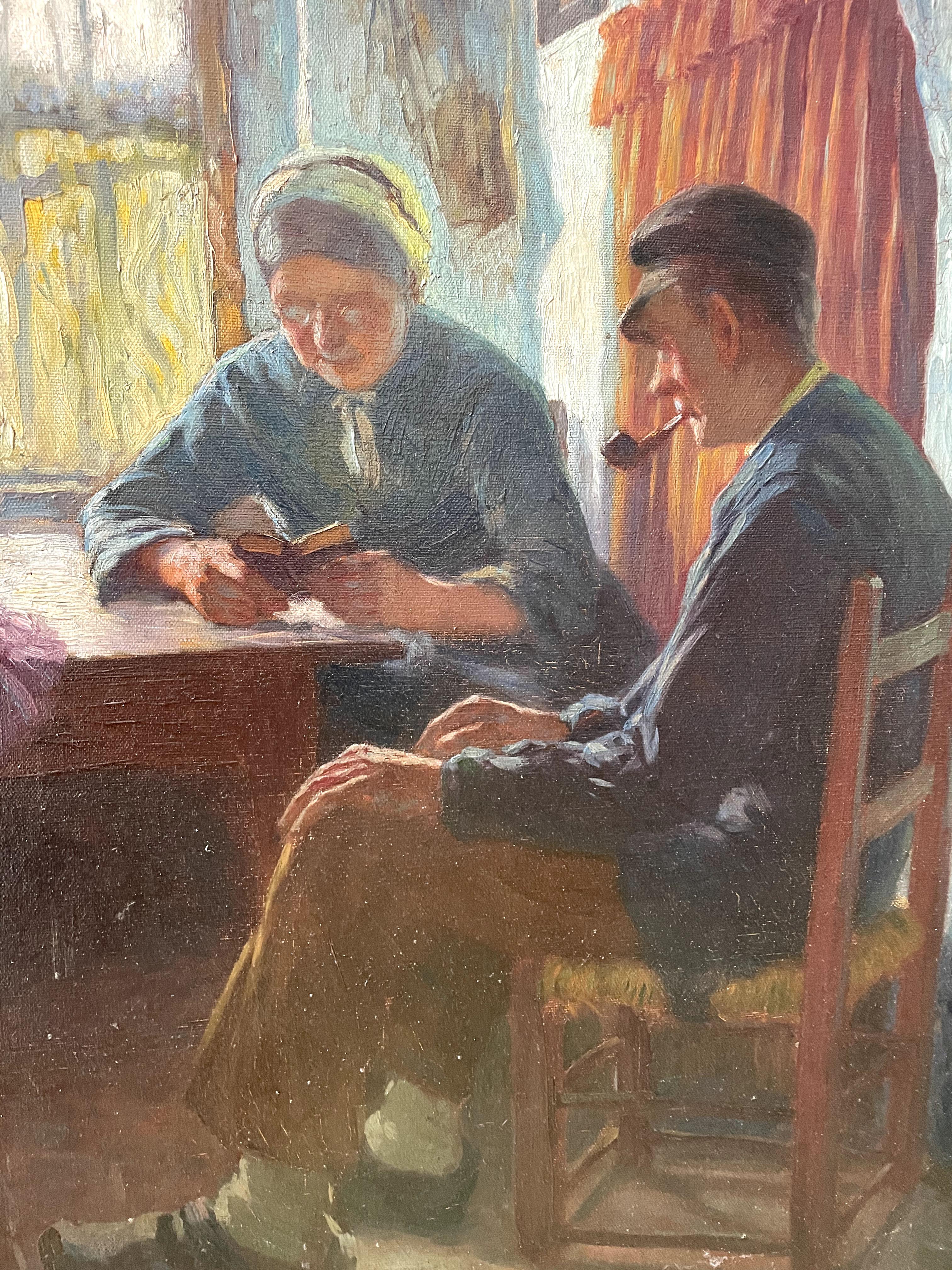 Artista no identificado - Escena interior de género (s. XIX-XX)
Técnica: Óleo sobre lienzo
Dimensiones enmarcado: 99 x 82 cm
Dimensiones del lienzo: 88 x 67 cm
Firma: No identificada
Este evocador óleo capta una íntima escena rústica de interior,