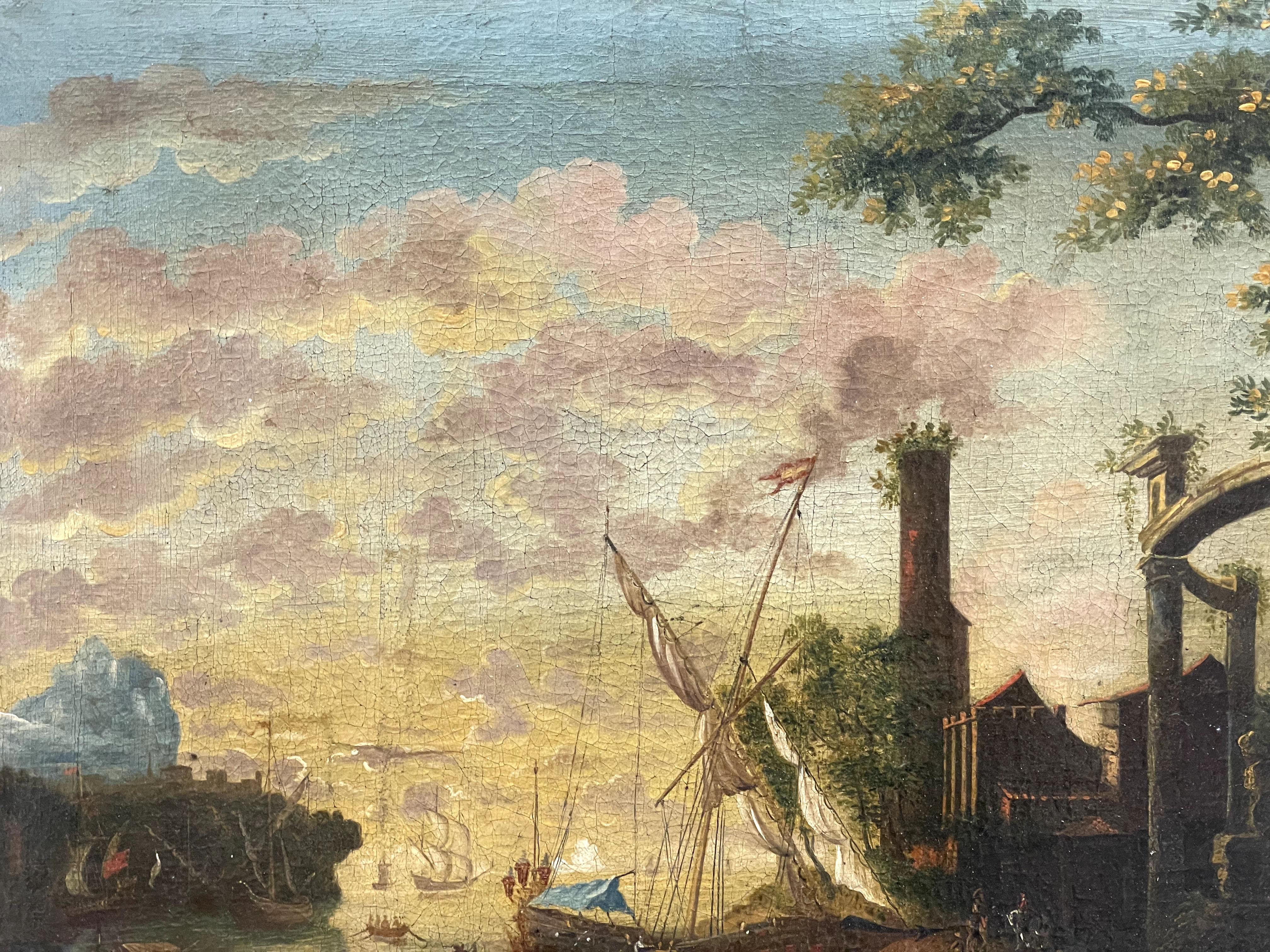Idyllic Harbor Landscape with Ruins and Figures
Medium: Oil on canvas
Dimensions (Framed): 67 x 81 cm
Dimensions (Canvas): 47 x 63 cm
Provenance: [If available, insert details]
This captivating 18th-century oil painting presents a romanticized