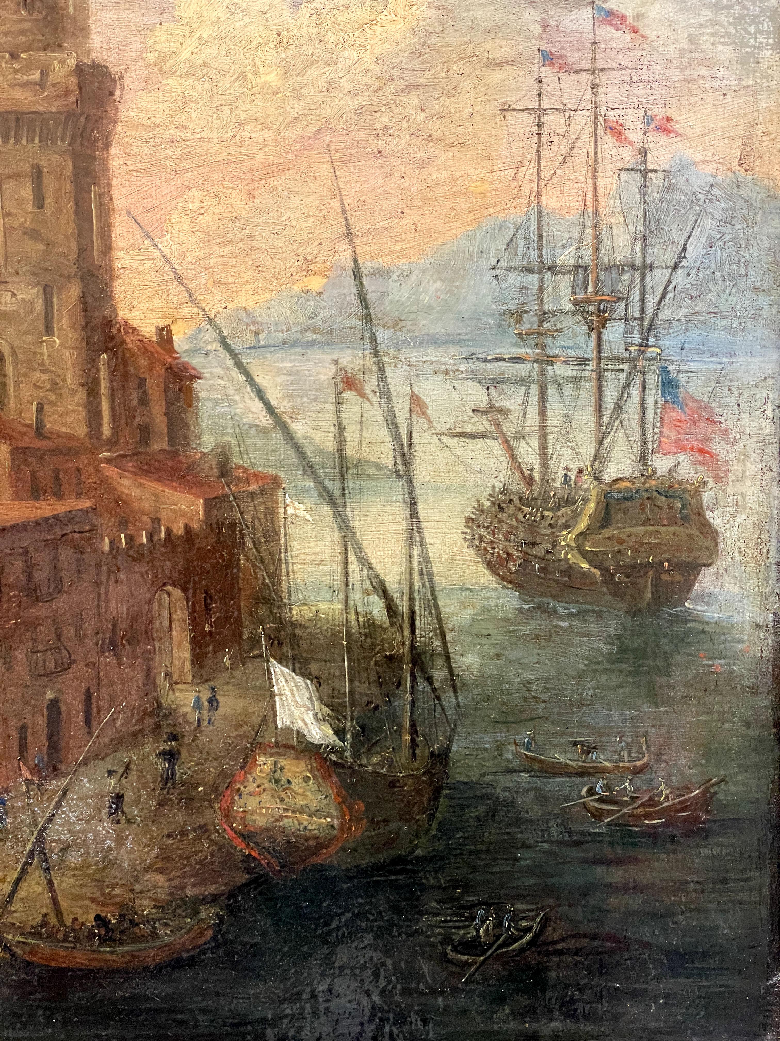 Seascape with Harbor and Tower
Medium: Oil on canvas
Dimensions (Framed): 97 x 67 cm
Dimensions (Canvas): 75 x 47 cm

This exquisite 18th-century seascape captures a lively harbor scene, featuring a fortified tower, bustling waterfront buildings,
