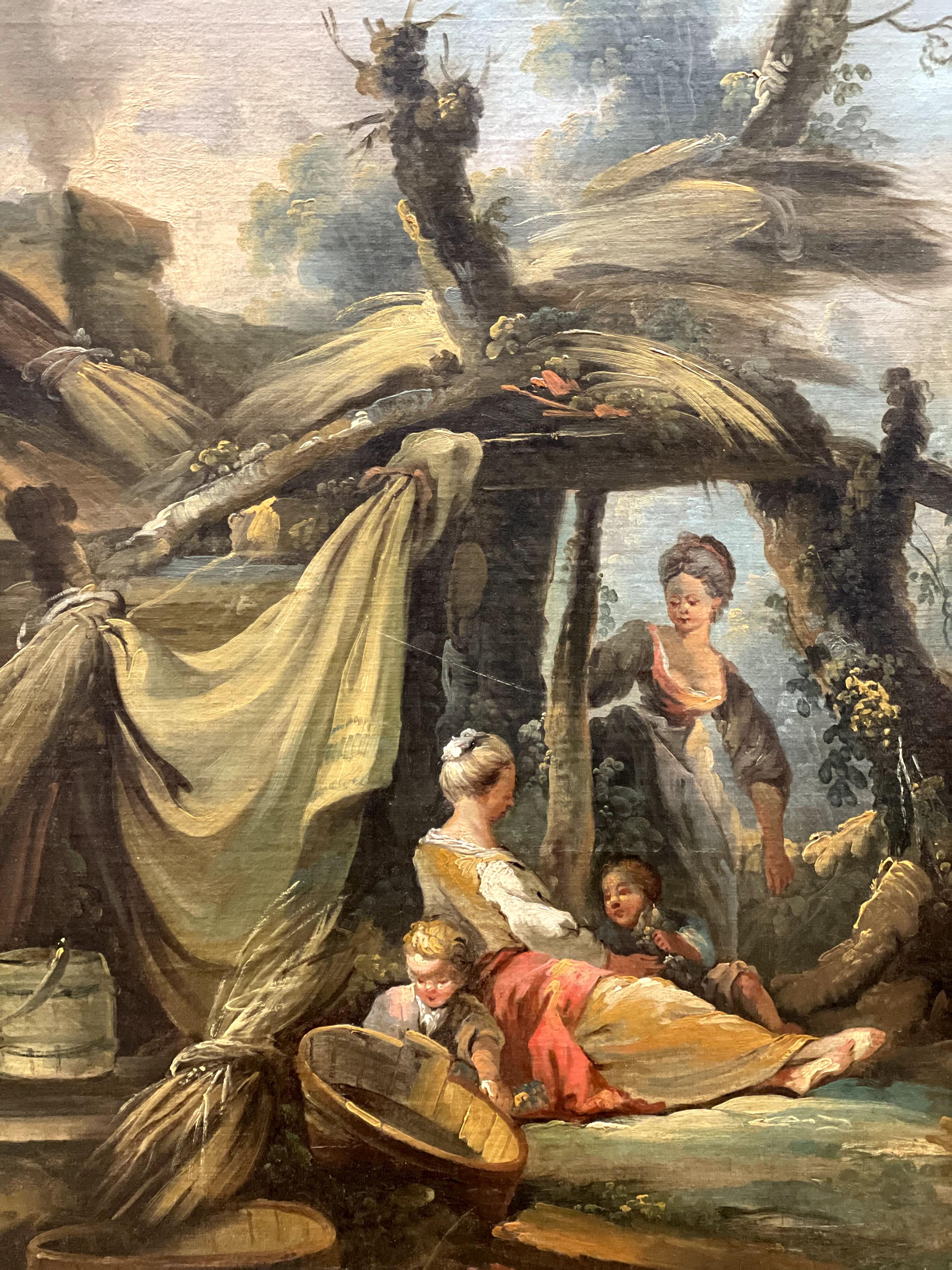 Unbekannter Künstler, 18. Jahrhundert - Rustikale Szene
Medium: Öl auf Leinwand
 Abmessungen (gerahmt): 110 x 91 cm
 Abmessungen (flach): 100 x 81 cm
 Rahmen: Verschnörkelter vergoldeter Rahmen
Beschreibung:
Dieses charmante Ölgemälde aus dem 18.