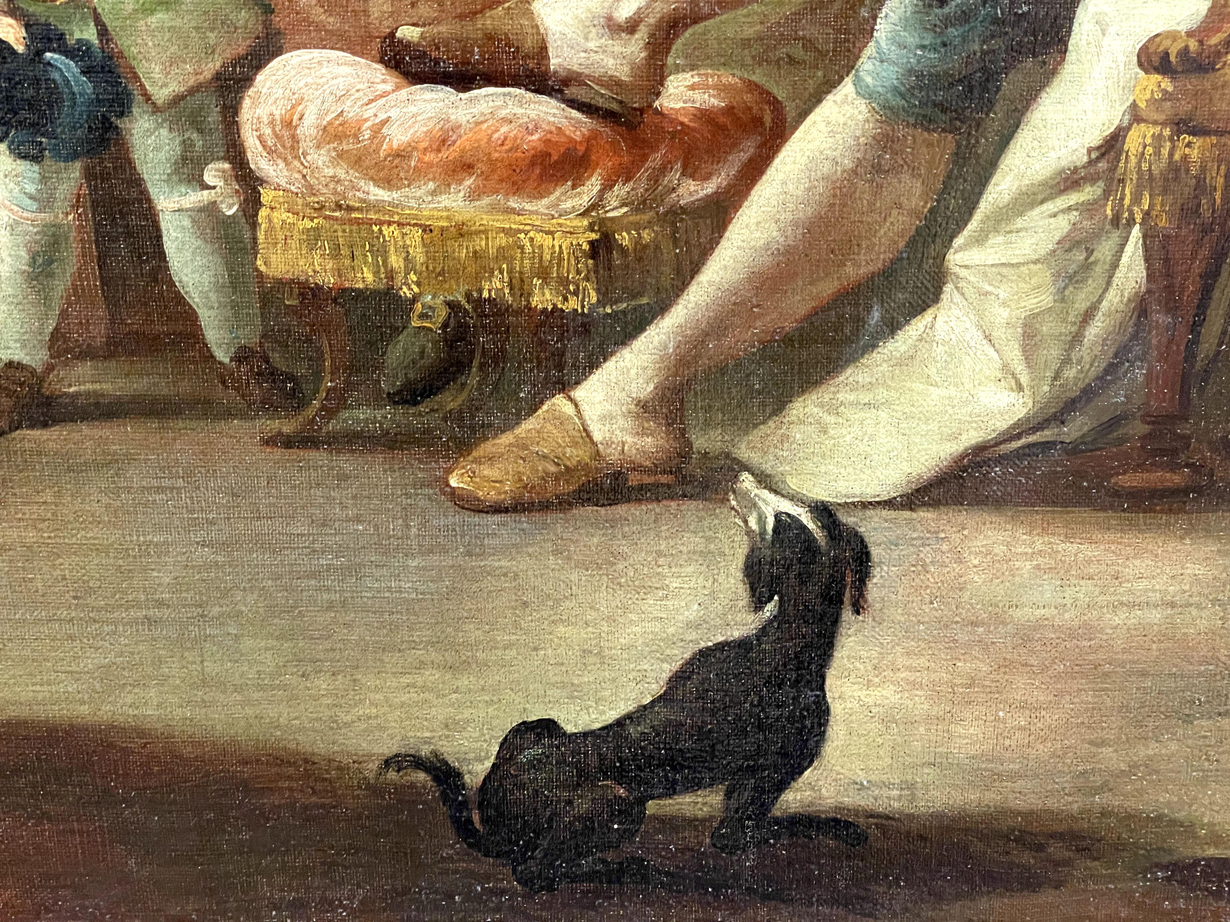 Artista non identificato, XVIII secolo - Scena teatrale o satirica
Medium: Olio su tela
 Dimensioni: 80 x 116 cm (senza cornice), 82 x 119 cm (con cornice)
 Provenienza: Collezione privata
Trama e interpretazione
Questo dipinto a olio del XVIII