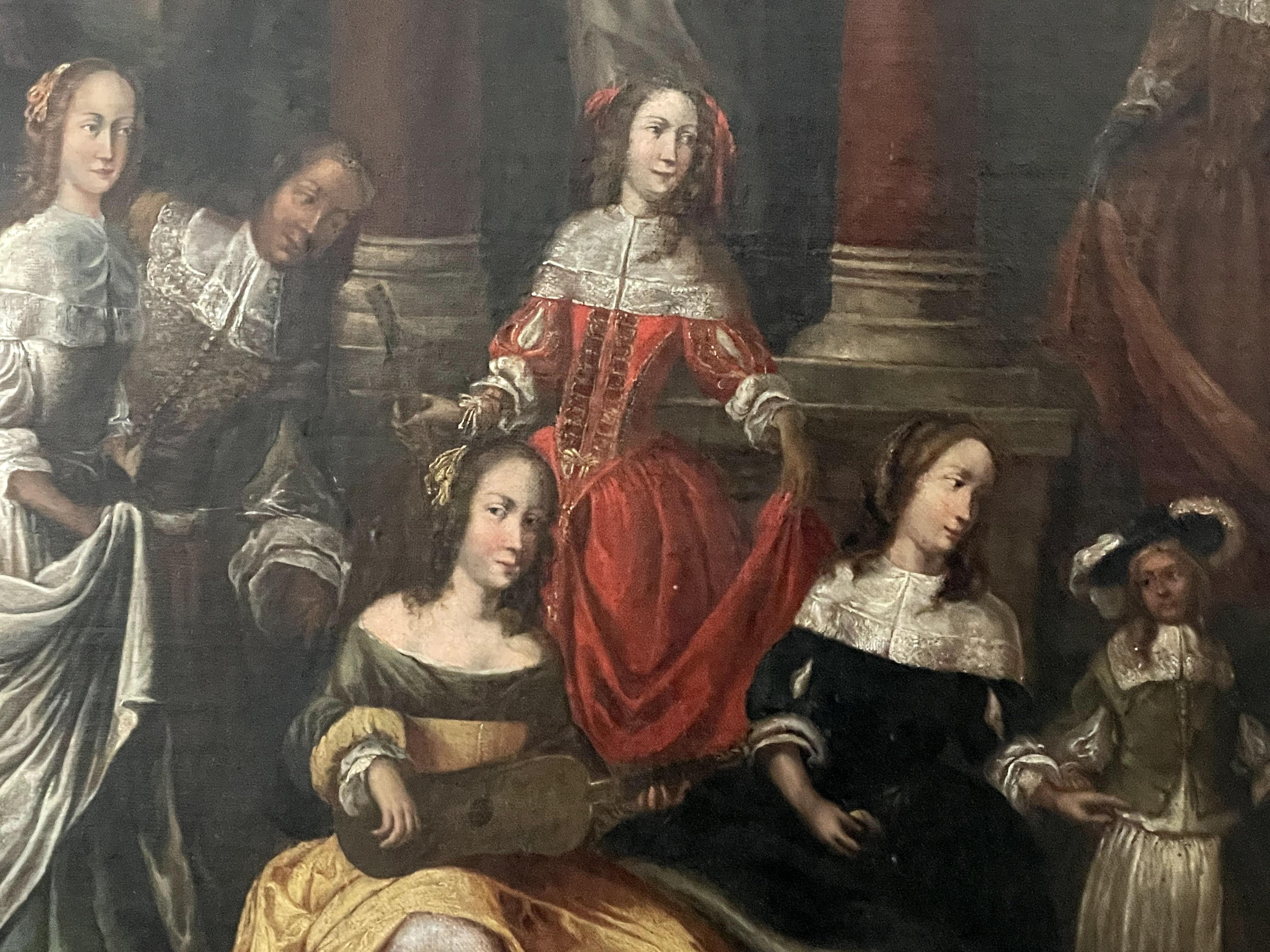 Grande scena di genere del XVII secolo - Olio su tela
Un magnifico dipinto a olio di grandi dimensioni che raffigura un'elegante riunione di nobili personaggi in un ambiente architettonico. Questa scena di genere storico ricorda le tradizioni del