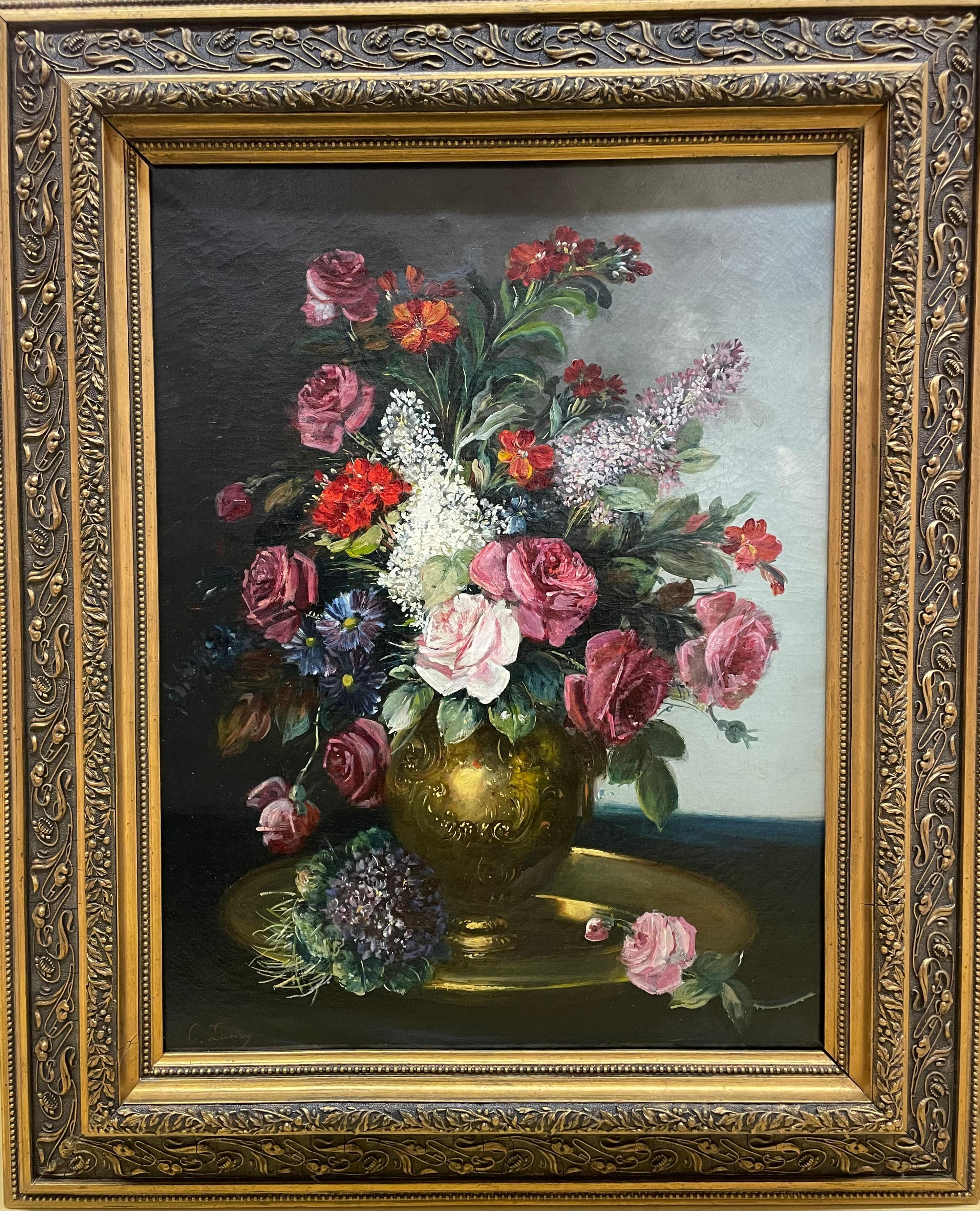 This elegant floral still-life painting, executed in oil on canvas, showcases a meticulously arranged bouquet of roses, lilacs, and other blossoms in a gilded vase, placed on a reflective surface. The composition exudes a sense of classic beauty,
