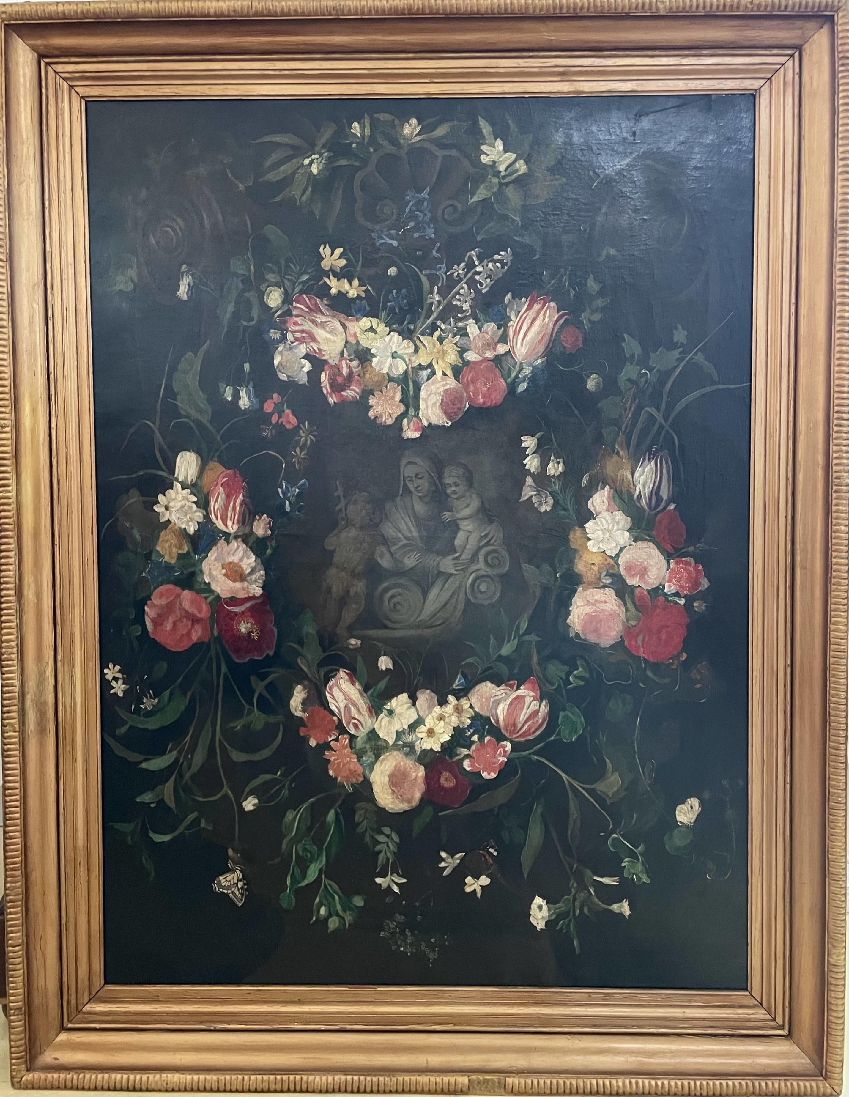 Landscape Painting di Unidentified - "Ghirlanda di fiori con la Vergine, il Bambino e Saint Johns".