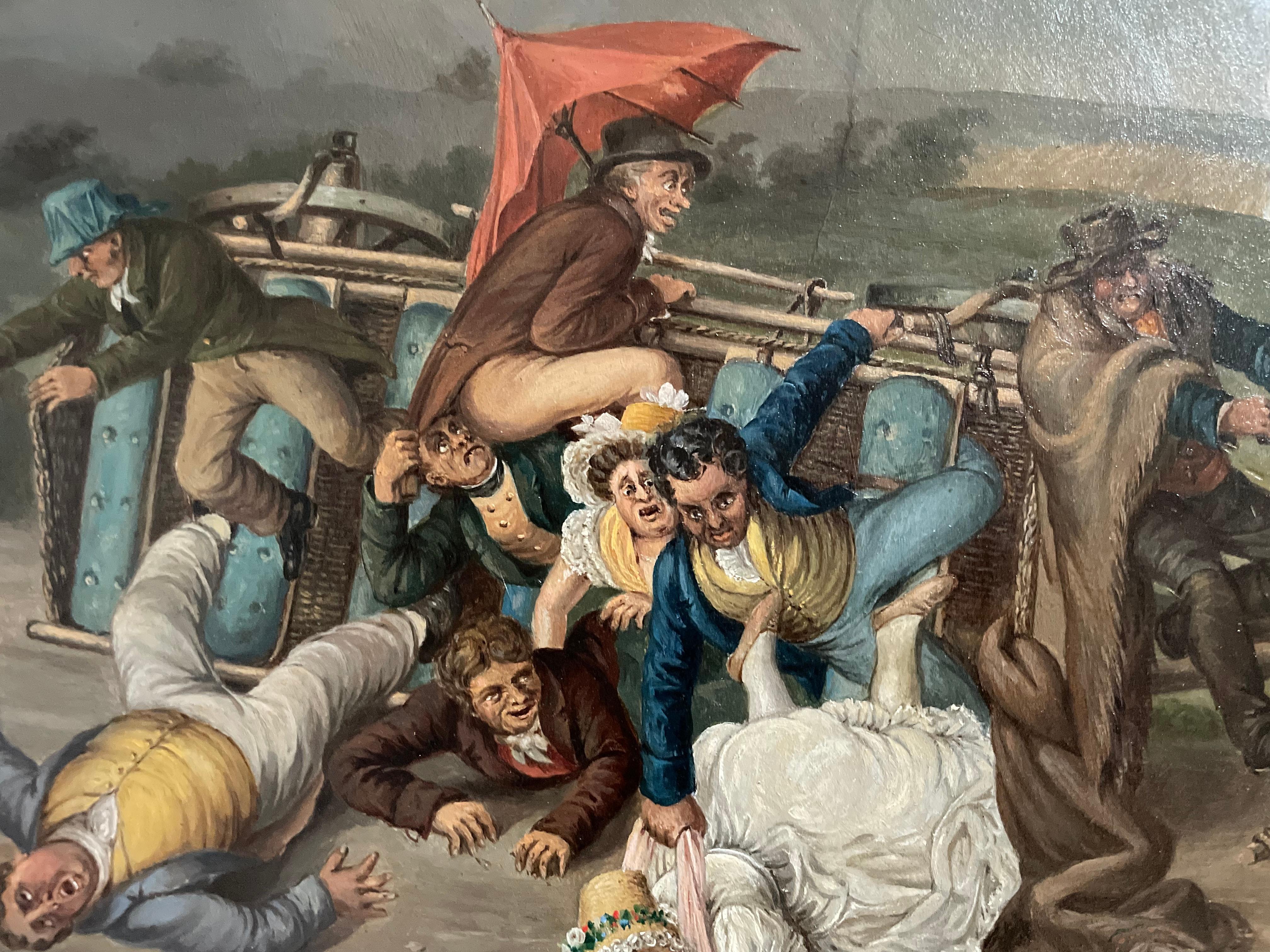 Artistics non identifiés (allemands, 19ème siècle) 

Huile sur toile
Encadré : 41 × 52 cm
A plat : 30 × 40 cm

Cette peinture à l'huile du XIXe siècle, dramatique et très détaillée, capture le moment chaotique d'un accident de diligence, illustrant