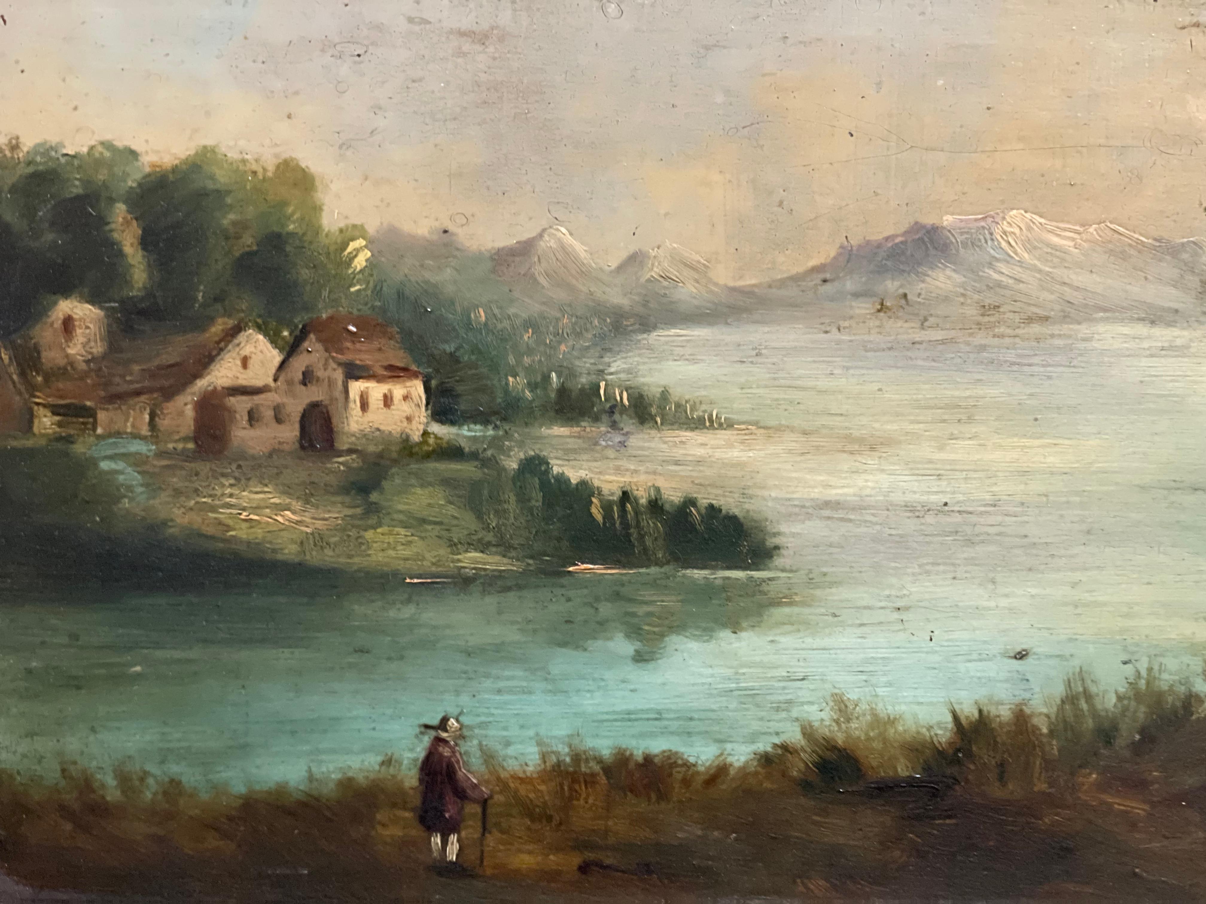 Peinture de paysage du XIXe siècle - Scène fluviale pastorale
Artistics : Non identifié
Médium : Huile sur carton
Dimensions : Encadré : 35 x 47 cm  Œuvre d'art : 25 x 38 cm
Style : Romantisme / Paysage pastoral
Cette peinture à l'huile sereine,