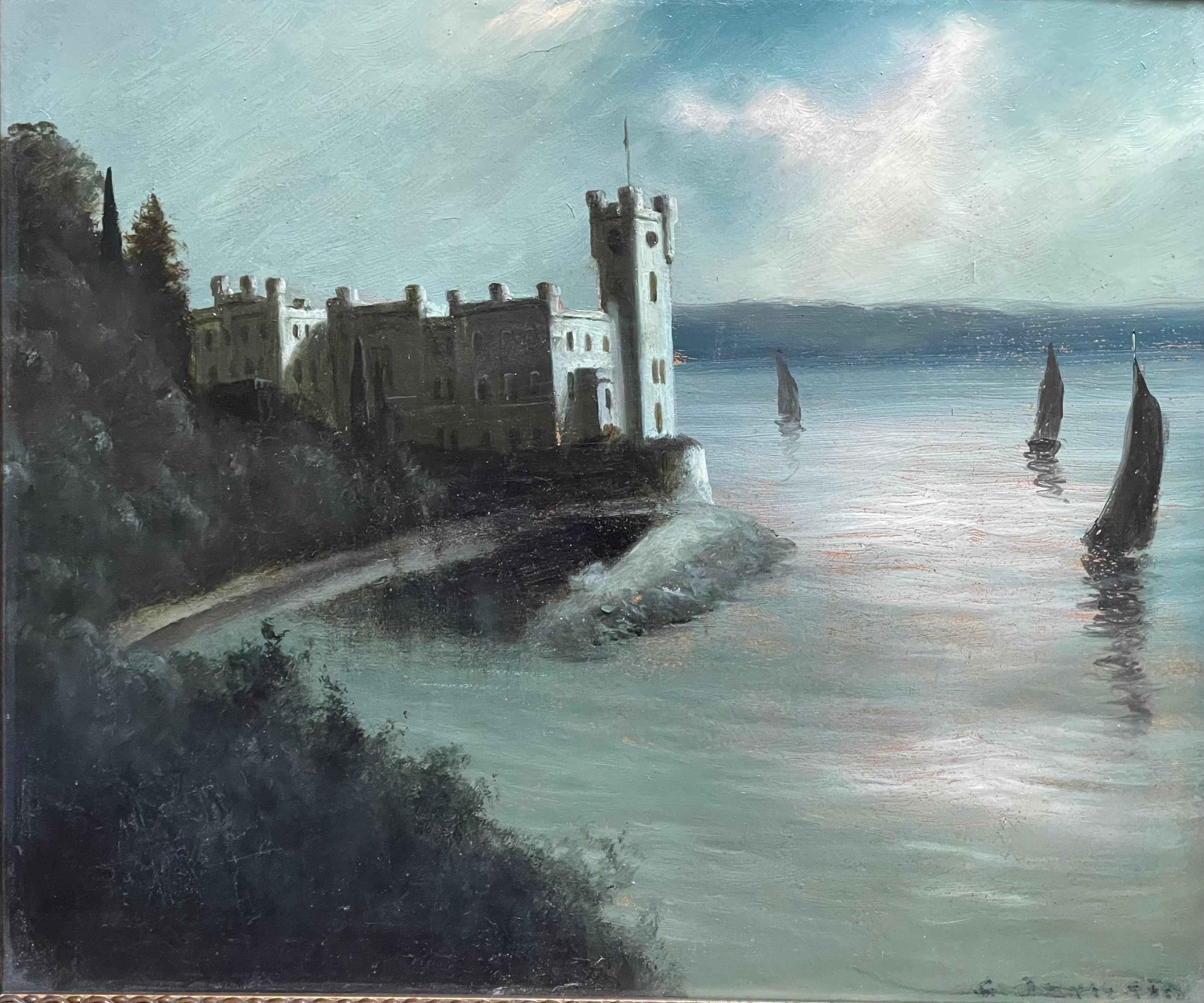 Paesaggio marino del XIX secolo - Castello sul mare
Artista: Firmato illeggibilmente / Sconosciuto
Periodo: XIX secolo
Mezzo: Olio su tavola
Dimensioni: Incorniciato: 32 x 33 cm  Opera d'arte: 28 x 29 cm
Stile: Romanticismo / Paesaggio