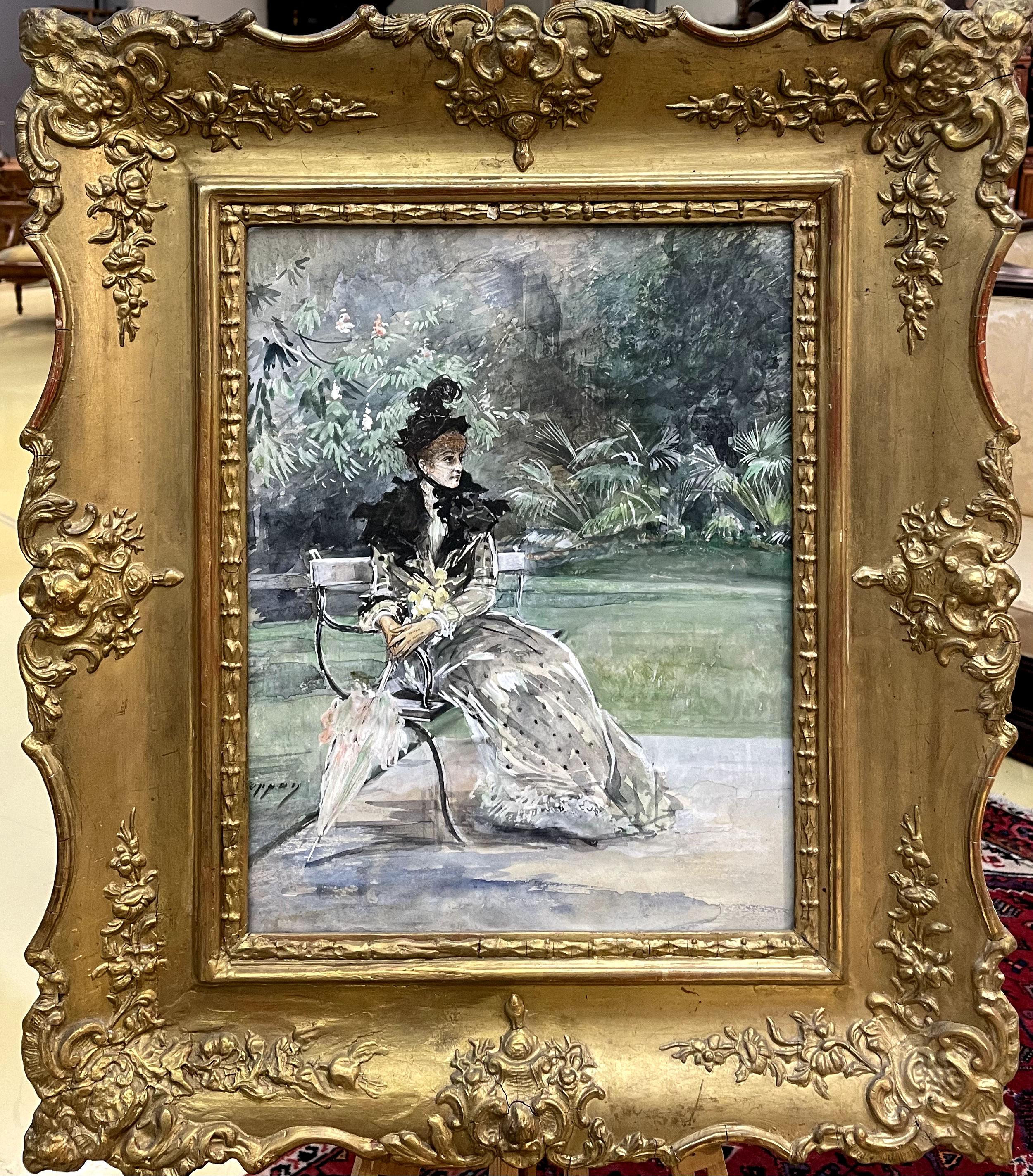 Figurative Painting di Unidentified - "Donna con ombrello seduta su una panchina"