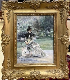 "Woman with an umbrella sitting on a bench"