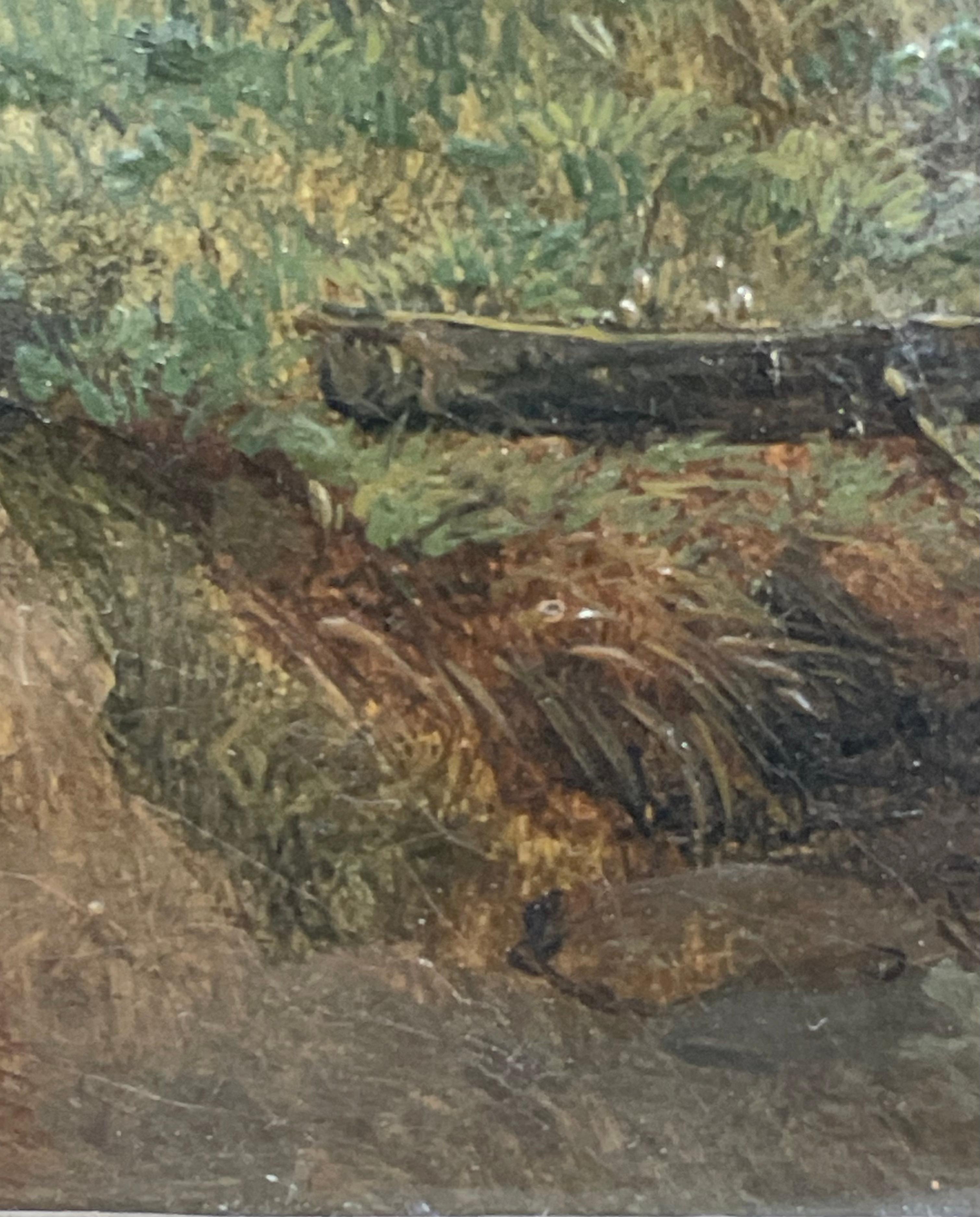 Landschaftsmalerei des 19. Jahrhunderts - Junge am Fluss
Künstler: Nicht identifiziert
Zeitraum: 19. Jahrhundert
Medium: Öl auf Leinwand
Abmessungen: Gerahmt: 68 x 59 cm  Kunstwerk: 39 x 31 cm
Stil: Romantik / Realismus / Alpenlandschaft
Dieses