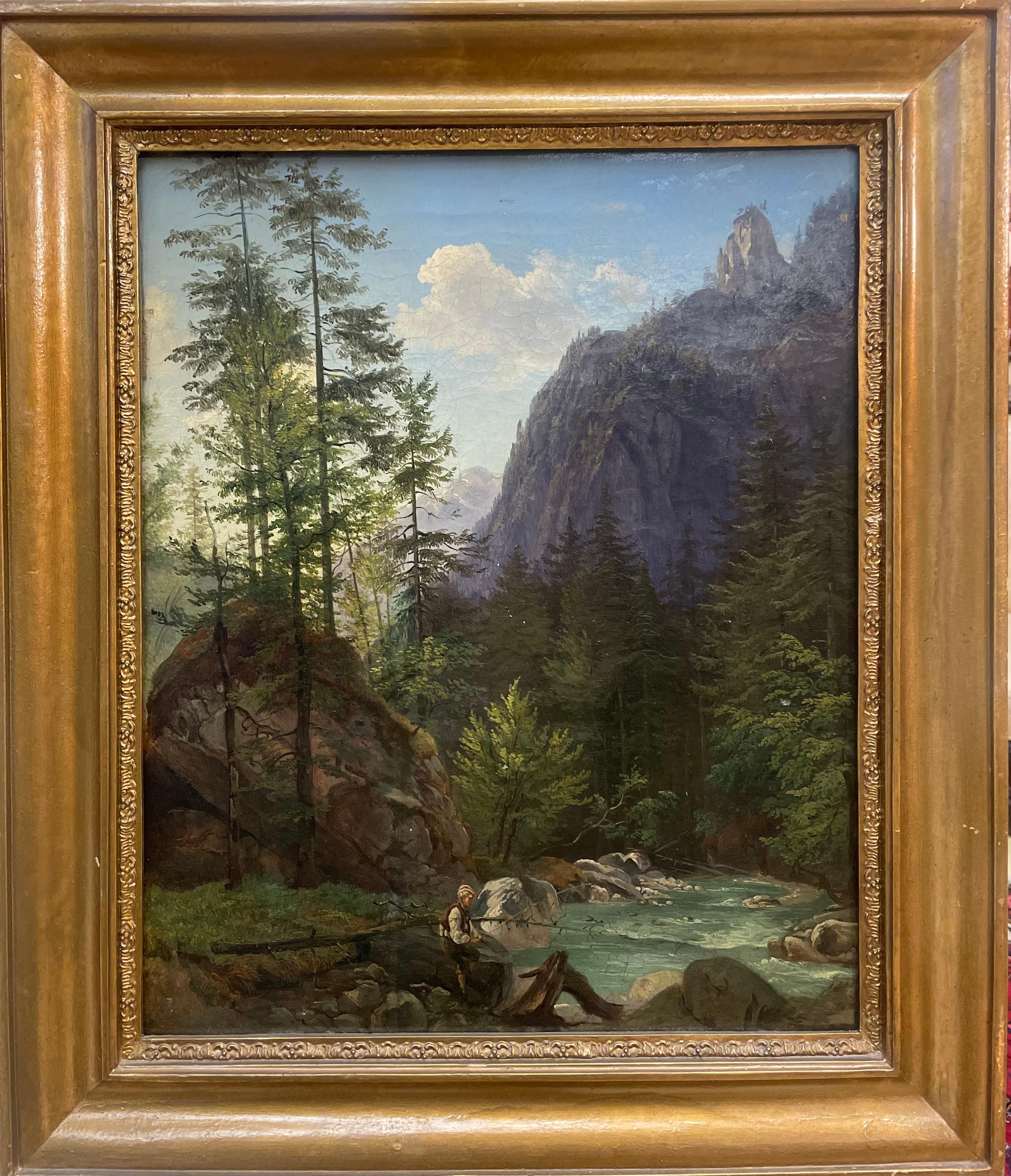  Unidentified (XIX Century) Landscape Painting – "Landschaftsmalerei - Junge am Fluss"